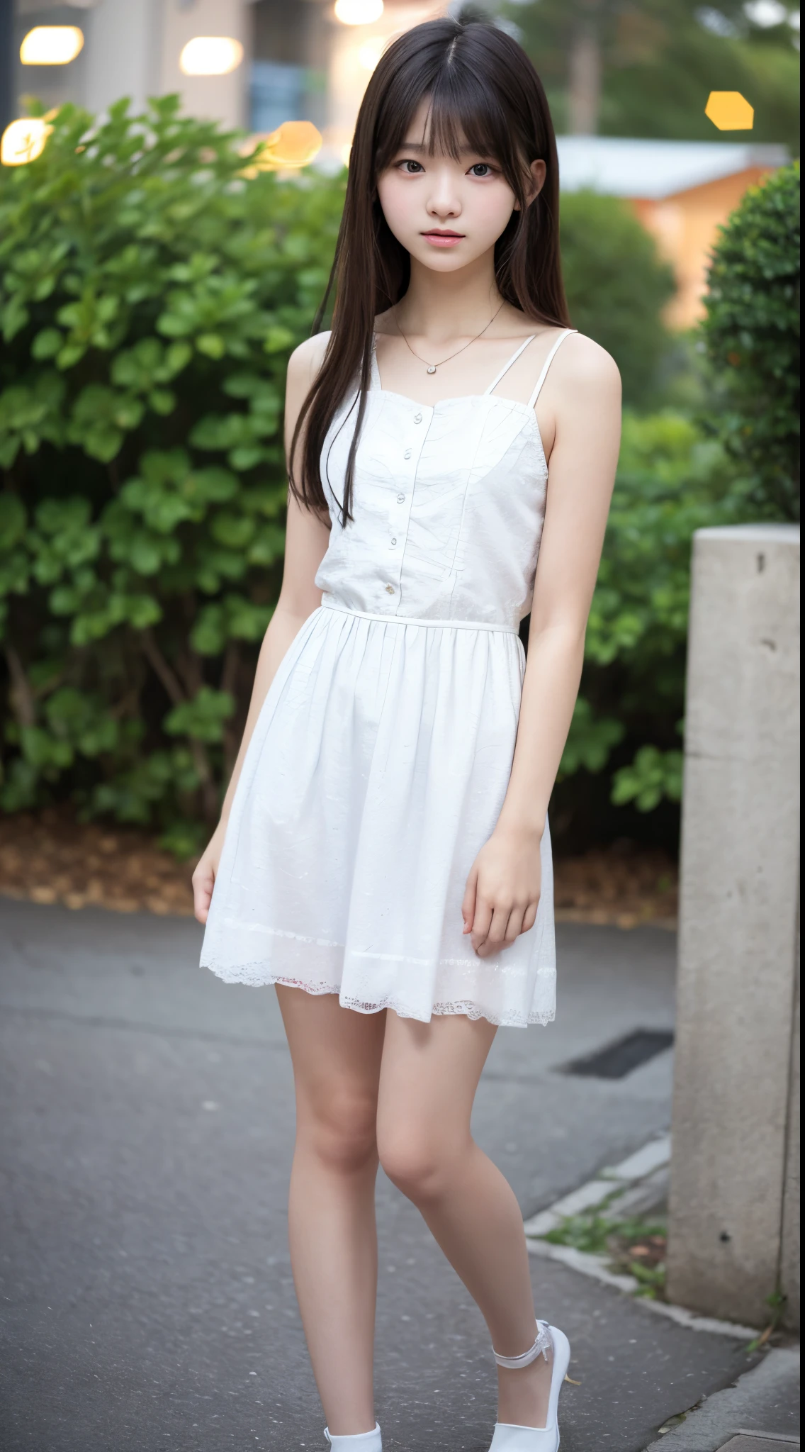 ,flat chest, standing, full body,short hair, short dress,summer dress, white dress, nighty gown