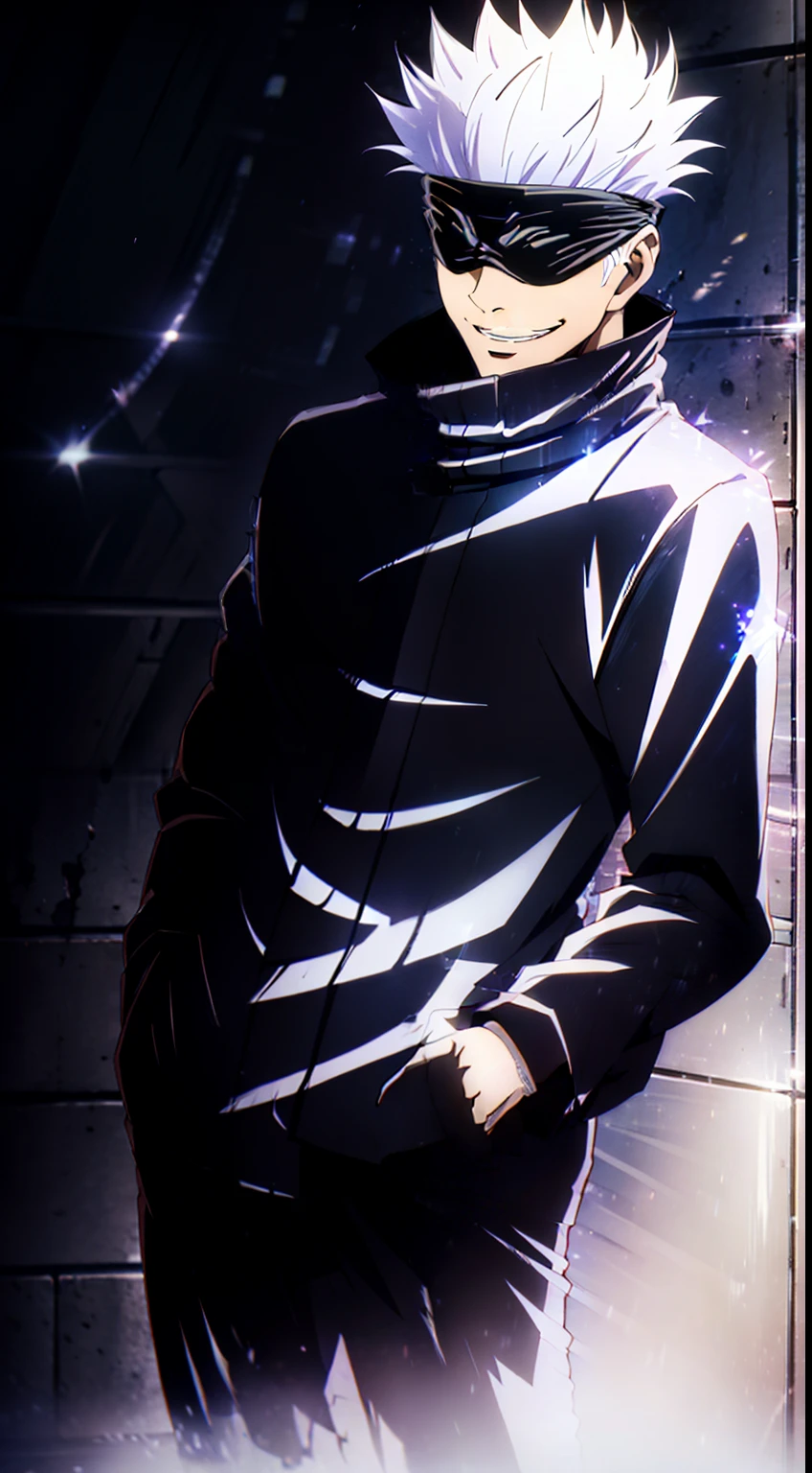 (tmasterpiece, beste-Qualit: 1.2), male focus, 1boy, Gojo Satoru, ssmile, hands in pocket, blindfold, black jacket, (Masterpiece:1.3),(Best Quality:1.2),8K,absurdress,Unity 8K WallPapper,(Extremely detailed:1.3),supreme, hight resolution, Amazing, illustartion, Beautiful studio soft light, Stunningly beautiful,  incredibly absurdres, Vivid details, Cinematic lighting, moody lighting, pixiv, Award-winning, Professional, Highly detailed, Gojo1, 独奏, looking a viewer, Smile, Short hair, long sleeves, 1boy, Standing, jacket, upper-body, white colored hair, male focus, Hand Up, grin, spiked hair, facing viewer, (red background:1.1), high collar, blindfold, (Magic:1.3), (aura:1.3), covered eyes,