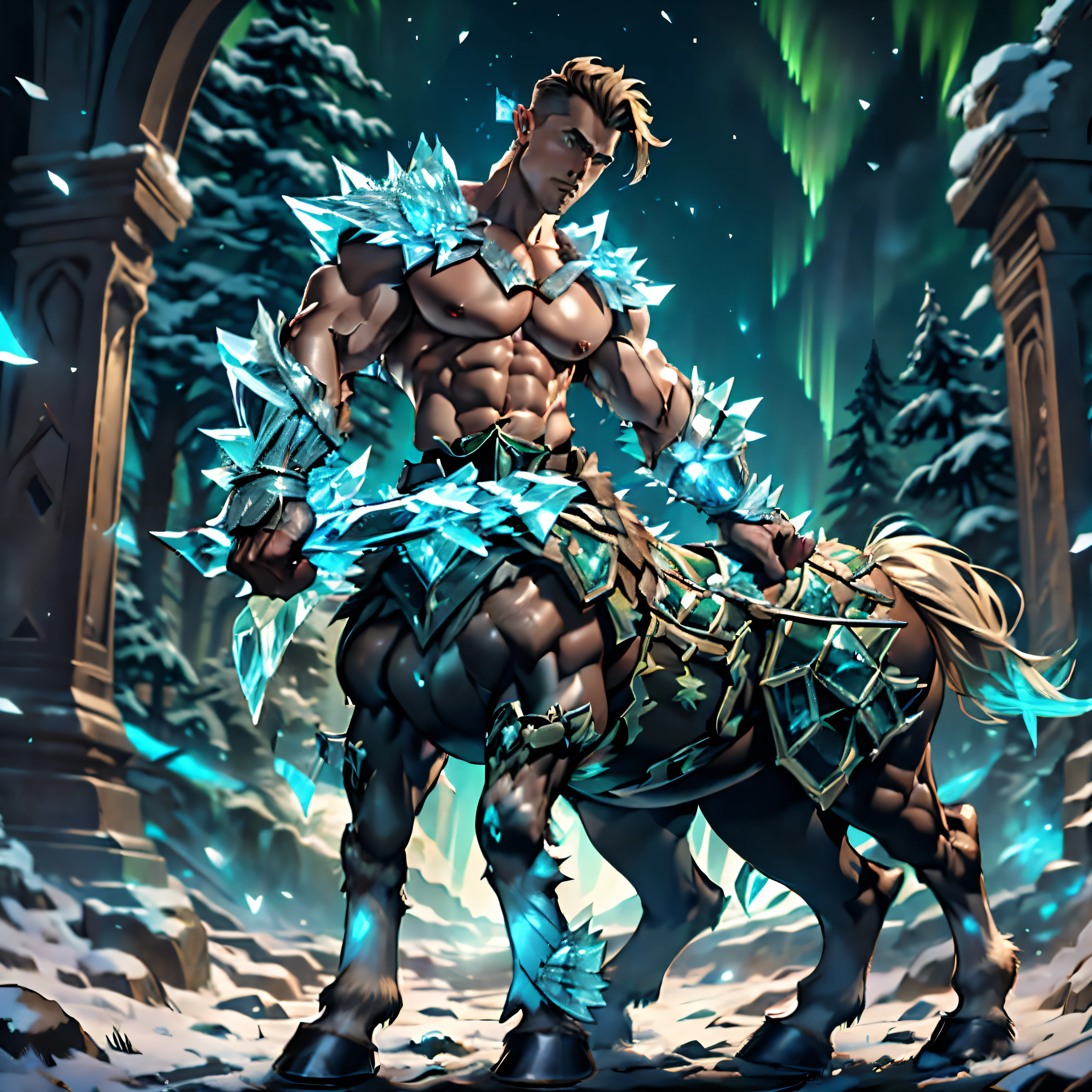 (Green short hair), (((male centaur))), ((bodybuilder)), ((very muscular)), ((broad chest)), ((thick pectorals)), abs, (((small waist))), ((big biceps)), ((large )), ((glans)), ((testicles)), ((nipple piercings)), snowy mountain, pine trees, aurora borealis, night sky, (veiny horse :1.0), extra arms, ExtraArms, tanned skin, erection, flaccid , erected , mature, dapper, stubbles, undercut hairstyle, crystal4armor, (((solo)))