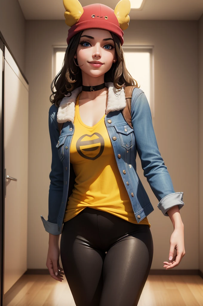 a woman with a yellow jacket and jeans on is holding a white shirt over her shoulders and looking at the camera, Aramenta Dianthe Vail, yellow, a picture, lowbrow, 1girl, 3d, breasts, brown_eyes, brown_hair, denim, door, indoors, jacket, lips, long_hair, medium_breasts, navel, no_bra, open_clothes, open_fly, photo_\(medium\), photorealistic, realistic, solo, underboob, small breasts, small chest