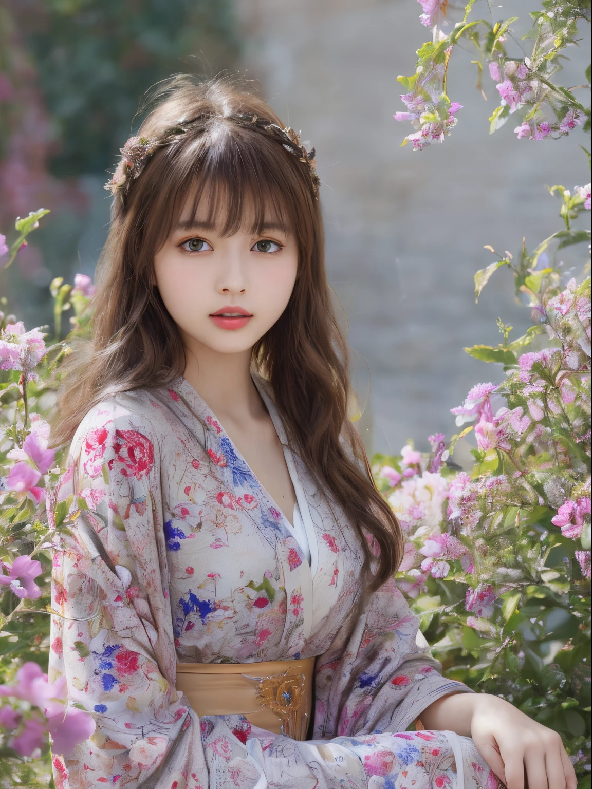 Best quality, Masterpiece, high resolution, Original, highly detailed wallpaper, Beauty,Gorgeous kimono、dress, Sad, Small face、teens girl、Real Human、Authentic、blond、Blue eyes、Foreigner、Old photos、Flowers bloom、happy、Pleasure、Red lips