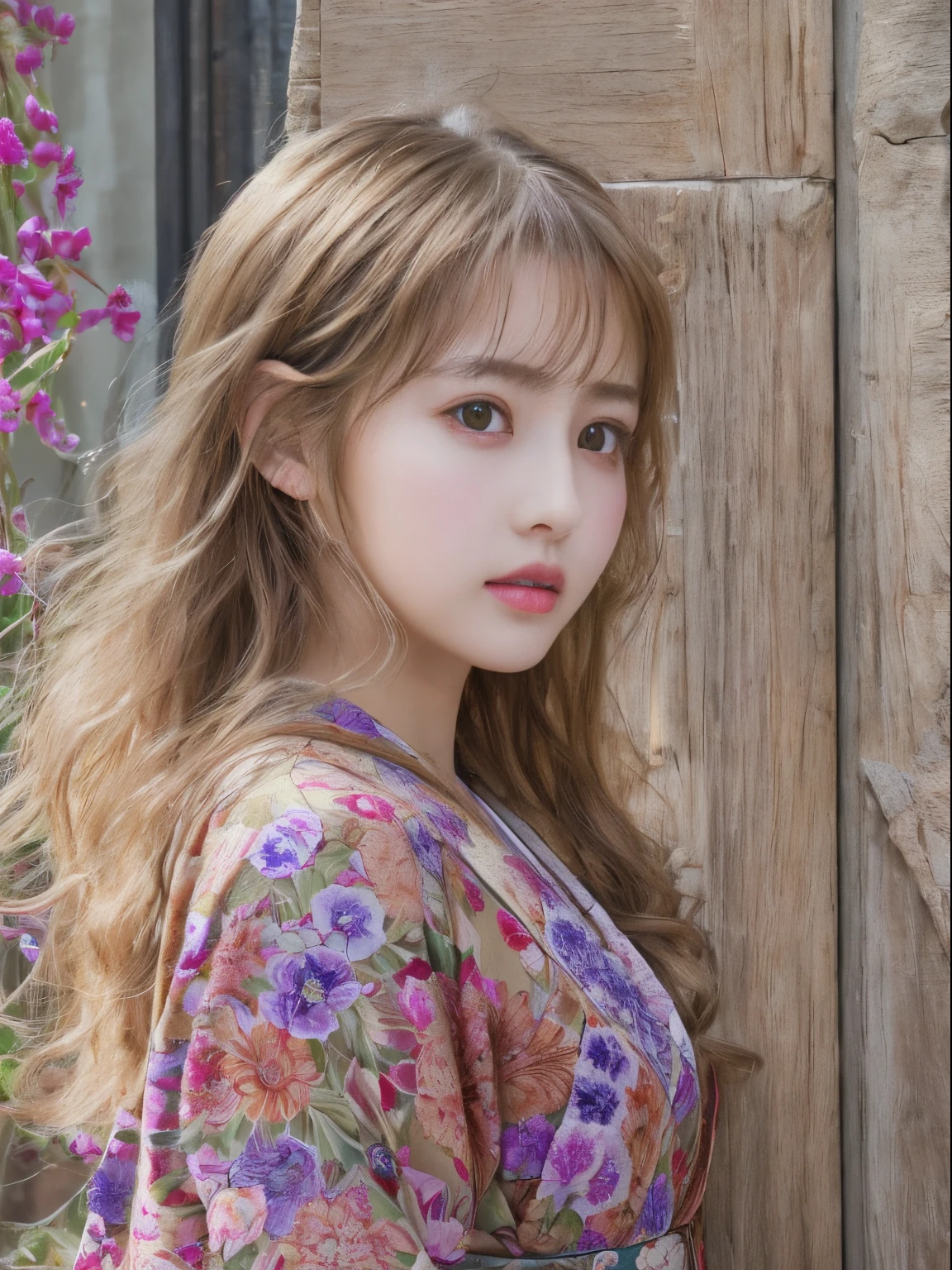 Best quality, Masterpiece, high resolution, Original, highly detailed wallpaper, Beauty,Gorgeous kimono、dress, Sad, Small face、s girl、Real Human、Authentic、blond、Blue eyes、Foreigner、Old photos、Flowers bloom、happy、Pleasure、Red lips