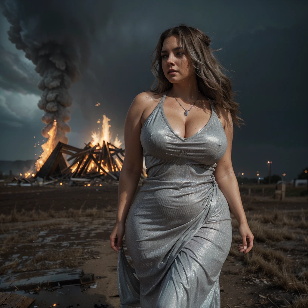 ((curvy woman running)), ((big curvy hips)), huge bonfire in background, lightening, stormy, F5 tornado, glowing, smoky, blowing long messy hair, bright eyes, (sheer silver dress), powerful, 24mm, 4k, soft cinematic light, RAW photo, photorealism, photorealistic, intricate, elegant, highly detailed, sharp focus, ((cinematic look)), soothing tones, insane details, intricate details, hyperdetailed, low contrast, soft cinematic light, dim colors, exposure blend, hdr, faded, (epic), sexy, magical, blooming, iridescent, epic, necklace, sweaty