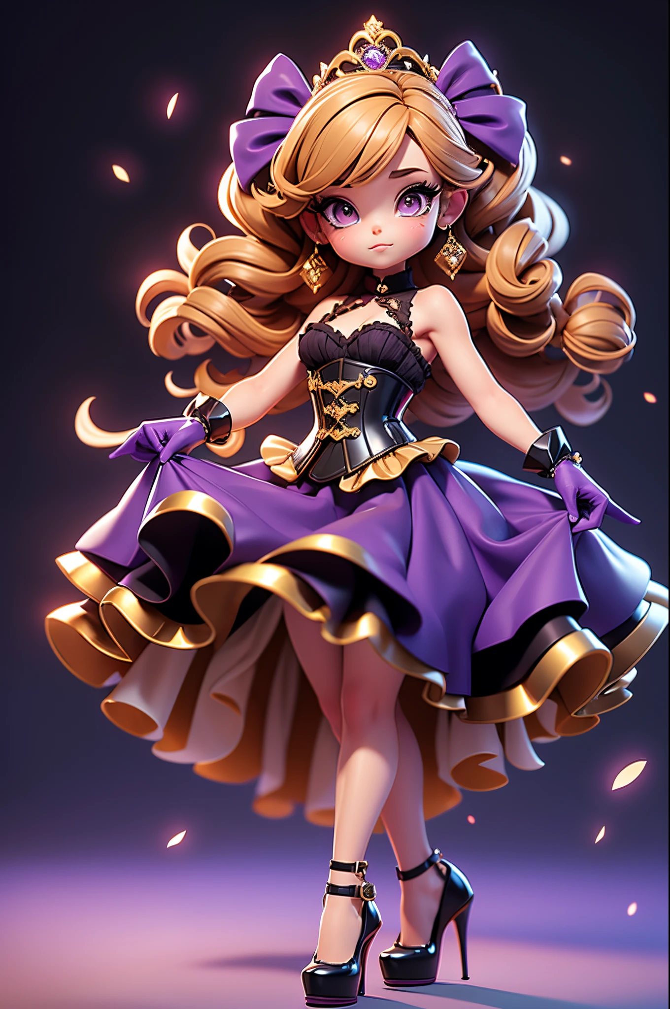 A chibi golden hair arrogant princess with a black corset-like top, and her purple skirt resembles a bell shape with two layers, shorter in the front and longer in the back, resembling a serving bell royal princess gown, Down-gazing Viewer. Golden Brown Hair. Almond-shaped eyes. ((Wispy bangs)). Downcast gaze looking down the viewer. Walking. Wispy Bangs. Big purple ribbon at the back of her hair can be seen from the front. Curly front side hair. High heels shoes with socks. Black Corset-like top. Purple Royal Princess gown. Purple Short skirt with an added flared skirt at the back. Sleeveless. Long gloves, Purple gloves. Model, Elegant, Arrogant. 3D Render, High Quality, Clean Background. Distinct and stylish look, combining the elegance of a corset with the playful flair of the tiered skirt.