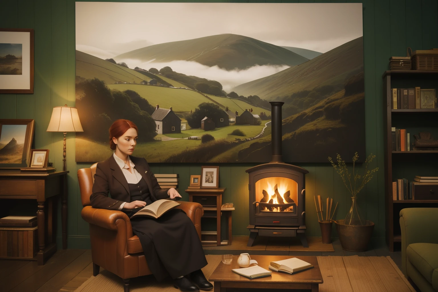 Dublin, 2021: An atmospheric Irish cottage, nestled in the Wicklow Mountains, sets the stage for Tana French's tale. The misty landscape enhances the air of mystery. In the cozy interior, a woman in her late 20s, with long auburn hair and a thoughtful gaze, sits by a fireplace surrounded by vintage books and artifacts. Soft candlelight casts shadows, adding to the intrigue. The photogram captures the essence of 'The Likeness,' blending the coziness of rural Ireland with the enigmatic allure of its characters.