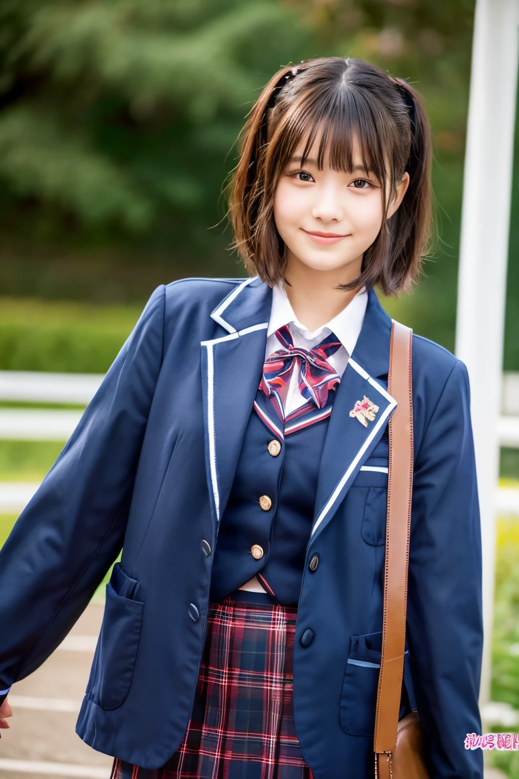 ((Top image quality、8K、masterpiece:1.3))、Realistic high-quality photos、top-quality、girl cute-fine face、Girls aged 19、Photo of slim little girl model、Brown hair、Beautiful brown eyes、Tear bag、drooing eyes、young body、Entrance ceremony for junior high school students、Generate art that beautifully depicts the blazer you will wear to your school entrance ceremony, The blazer is dark blue、Cuffs and collar with fine details、The skirt is a red and black pretz skirt、It fits snugly to the girl's body。The girl is proudly wearing a blazer、Full of anticipation for a new school life。The atmosphere of the entrance ceremony is in the background.、Express this cherished moment in an impressive way、loli face and big boobs、bun hair, short hair, thin smile,