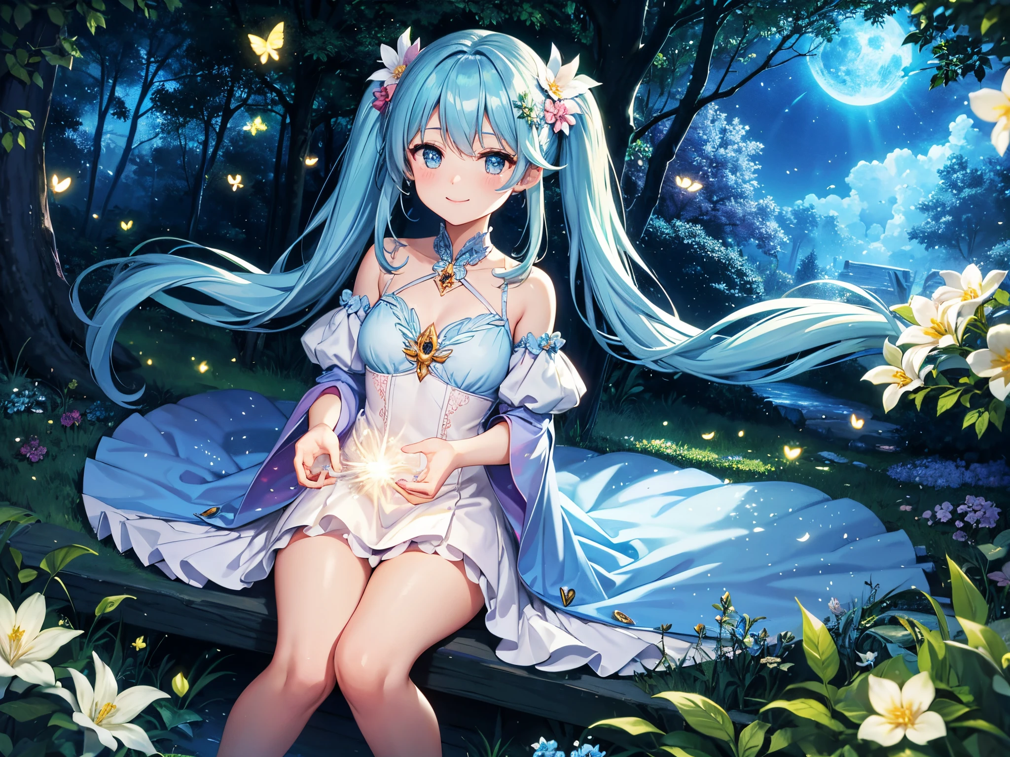 Dynamic Angle、 within a magical forest, a mystical fairy girl emerges, Light blue long hair、Hairstyle is Twintails、adorable smiling、Moonlight twinkle, flower bloom、The tree々While flapping its wings in the sparkling fireflies, the air resonates with the ethereal symphony of nature's whispers, Creating a field where dreams and reality intersect,Fairy World、Fantasy World
