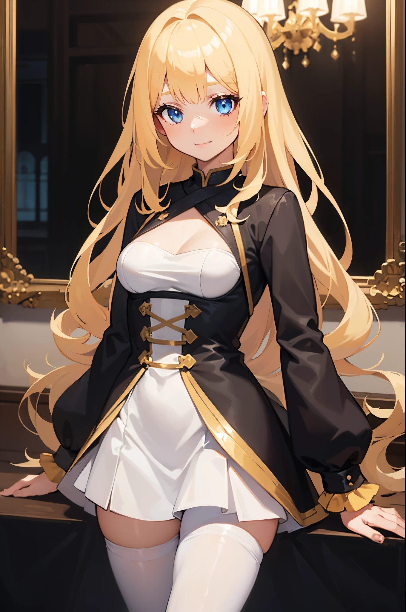 (adult girl,long golden blonde hair,crystal blue eyes,black Chinese clothes,smile,masterpiece:1.2,high-quality,good details,feminine,expressive face,detailed eyes, straight cute bangs, sleevless dress, fantasy, beautiful girl, 1 girl, pale skin, standing position,blackstockings)