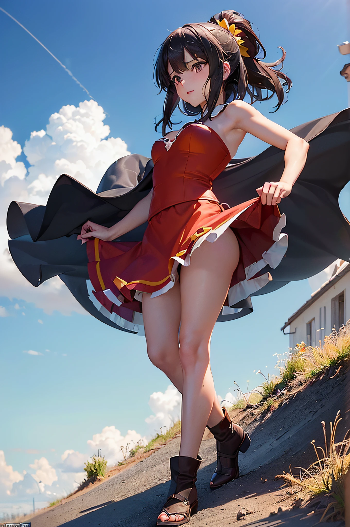 (((profesional: Paso a paso, taking into account even the smallest detail, final result god level))): "Konosuba: Megumin, (solo 1girl), very sexy Megumin, orange size tits, Megumin whith explosive magic, full body, cowboy shot, (all intricate details)"