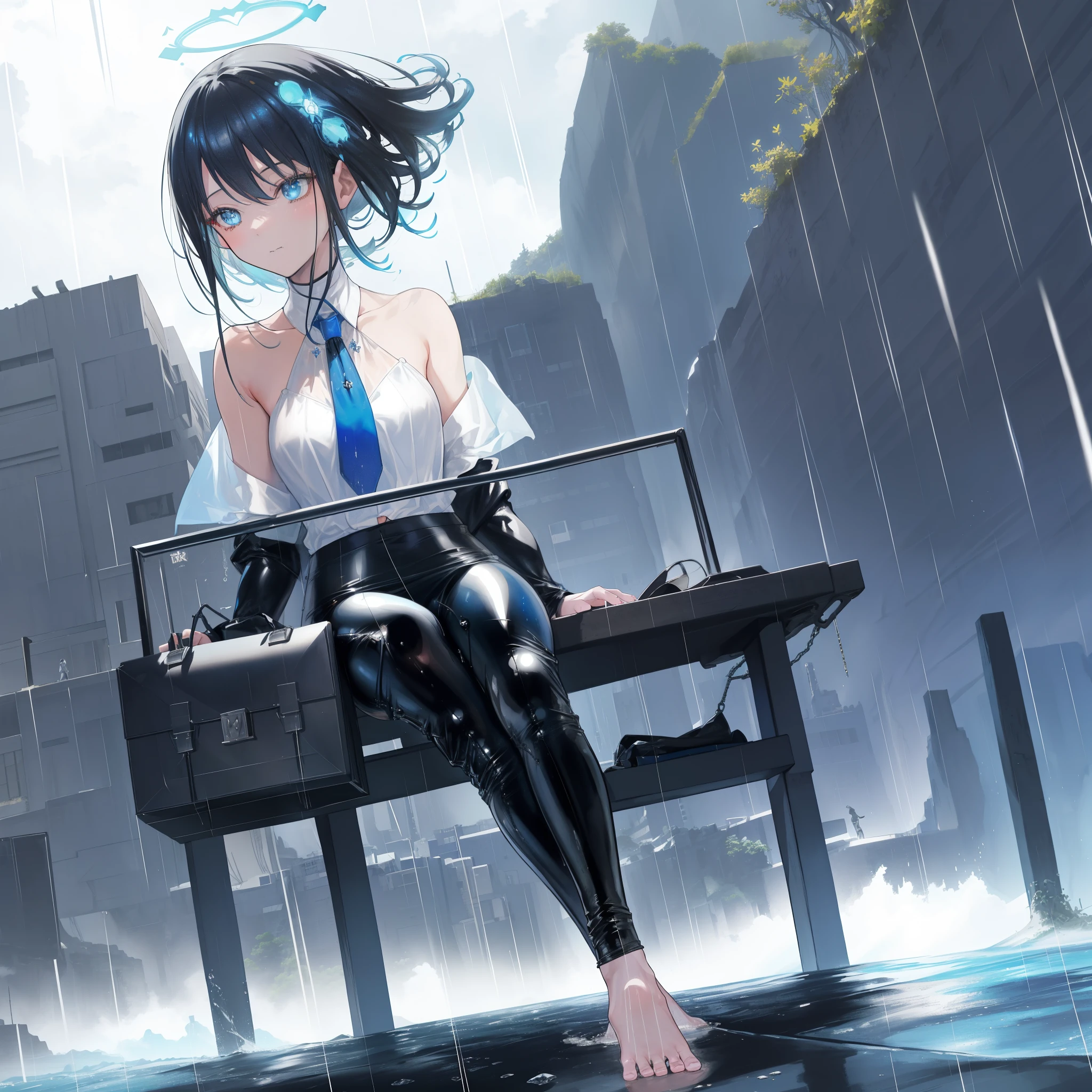 ((A far view)) of a black-haired anime teen girl, (sitting in the (river)), ((strong sunlight)), cinematic light, slim body, skin is perfectly healthy, soft, and smooth, Extremely delicate and beautiful CG illustration, best quality, high resolution, dynamic angle, full-length lens, (1 girl), floating, soft light, high-key lighting), glowing light, blue halo, blue crystal, ((very cinematic)), (raining: 1.2), barefoot, (((wearing a suit and leather pants and holding a briefcase))), ((very cinematic))