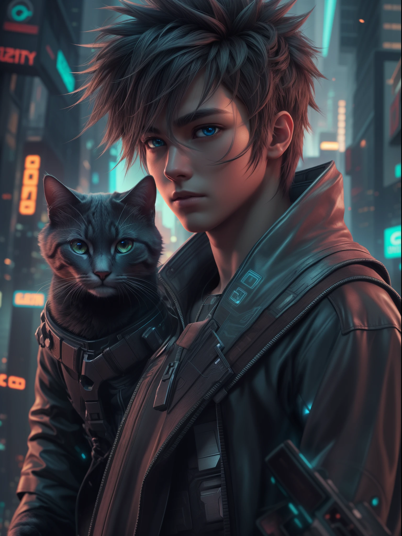 ultra detail, high resolution, ultra detailed, best quality, amazing, top quality, extremely detailed CG unity 8k wallpaper, cinematic lighting, cat fanboy, cyberpunk, dark boy