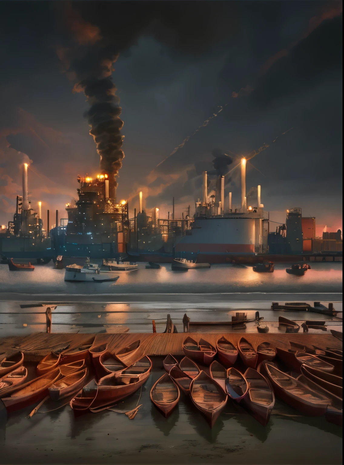 boats are lined up on the beach near a factory, chemical plant, industrial colours, industrial setting, by Ni Yuanlu, in a sci-fi shipping port, industrial background, industrial photography, port scene background, by Yi Jaegwan, by Shitao, by Han Gan, oil digital painting, surreal scene, beautiful oil matte painting, beautiful sky, cinematic lighting, bright sky, morning sky,