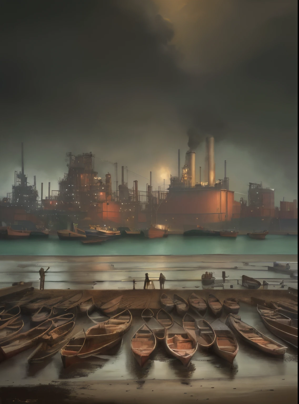 boats are lined up on the beach near a factory, chemical plant, industrial colours, industrial setting, by Ni Yuanlu, in a sci-fi shipping port, industrial background, industrial photography, port scene background, by Yi Jaegwan, by Shitao, by Han Gan, oil digital painting, surreal scene, beautiful oil matte painting, beautiful
