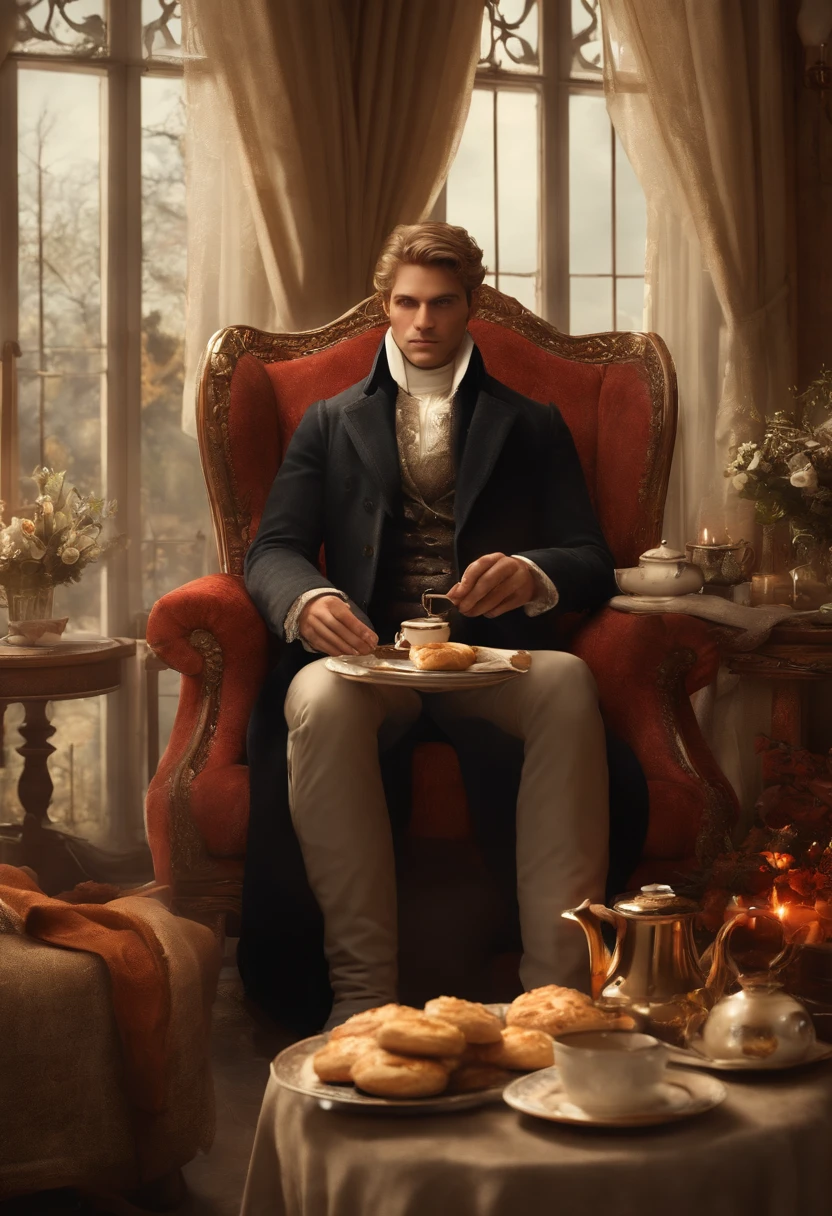 The image is of Ominis Gaunt sitting in a cozy armchair by the fireplace, holding a plate of warm scones and a steaming cup of black tea.,original,Ominis is of average height and quite thin. His skin is very pale but he has a beauty marks. His hair is blonde and swept back. He is blind and his eyes are milky from his blindness.