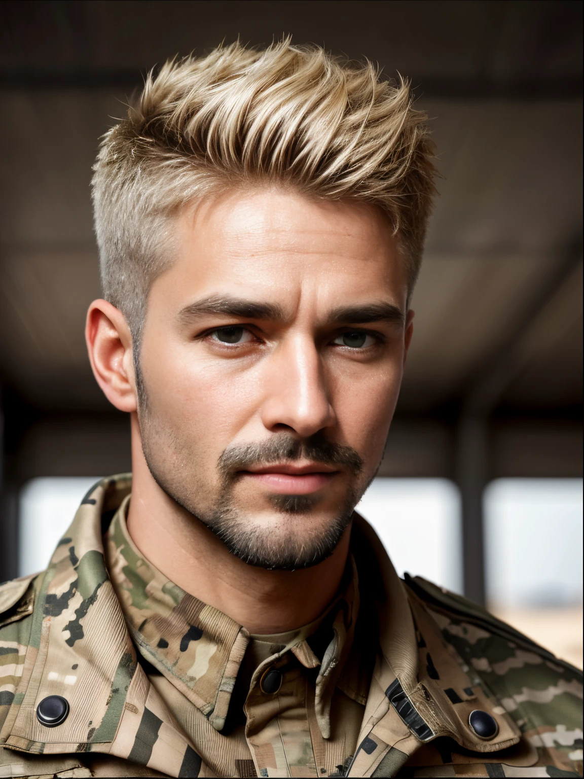 masterpiece, best quality, high resolution, closeup portrait, male focus, solo focus, A man, 35 years old, with military clothes, soldier, blonde bleached hair, messy hairstyle, cute and seductive face, bare chest, body hair, facial hair, roman nose, very skinny body, hairy legs, dimples, goatee and mustache, bold jawline , in the background a millitary camp and other soldiers, view from below, amazing composition, front view, HDR, ultra quality, elegant, highly detailed