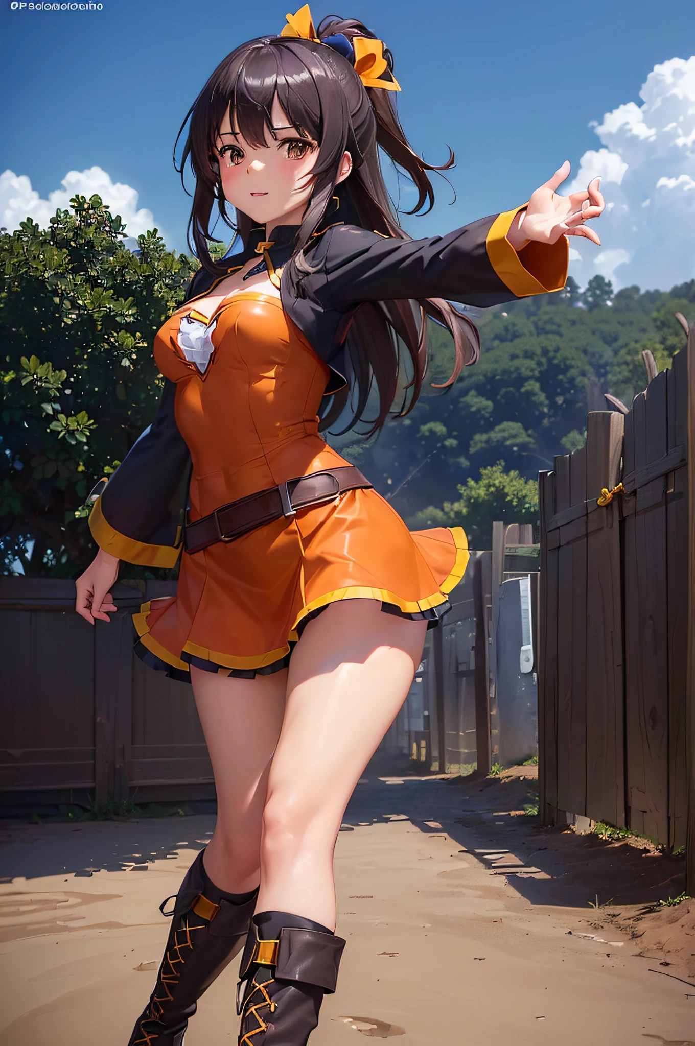 (((profesional: Paso a paso, taking into account even the smallest detail, final result god level))): "Konosuba: Megumin, (solo 1girl), very sexy Megumin, orange size tits, Megumin whith explosive magic, full body, cowboy shot, (all intricate details)"