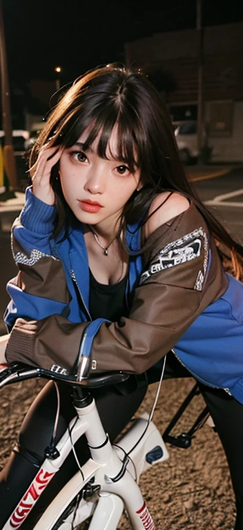 1girl, night, 8k, RAW photo, best quality, masterpiece,realistic, photo-realistic, (long hair), (brown hair), (with bangs), swag face, riding bike