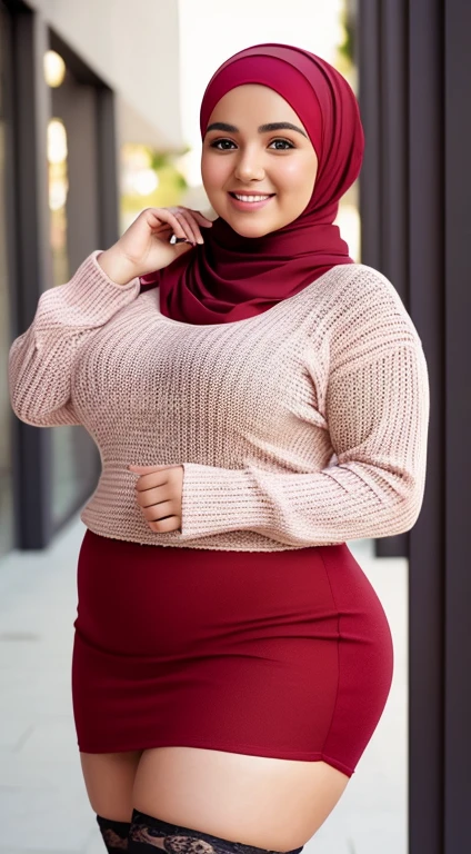 beautiful chubby woman wearing a hijab, wearing a red long-sleeved knitted shirt, wearing a mini skirt, stockings, big breasts, smiling sweetly, body details, face details, pose details, hand details, realistic quality, clear image