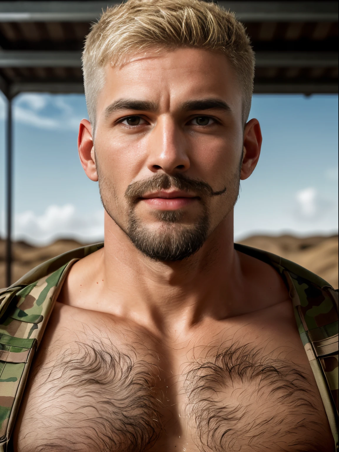 masterpiece, best quality, high resolution, closeup portrait, male focus, solo focus, A man, 35 years old, with military clothes, soldier, blonde bleached hair, messy hairstyle, cute and seductive face, bare chest, body hair, facial hair, roman nose, very skinny body, hairy legs, dimples, goatee and mustache, bold jawline , in the background a millitary camp and other soldiers, view from below, amazing composition, front view, HDR, ultra quality, elegant, highly detailed
