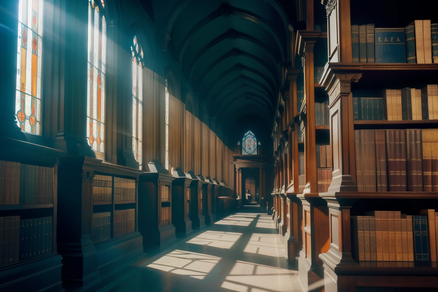 Trinity College, Dublin, 2020: The historic campus, with its cobblestone paths and Gothic architecture, forms the backdrop. Among ancient bookshelves in the library, a woman in her early 30s, with piercing blue eyes and an air of mystery, leafs through old manuscripts. Rays of sunlight filter through stained glass windows, casting an ethereal glow. The photogram, inspired by Tana French's novel, merges academic charm with the enigmatic allure of 'The Likeness.