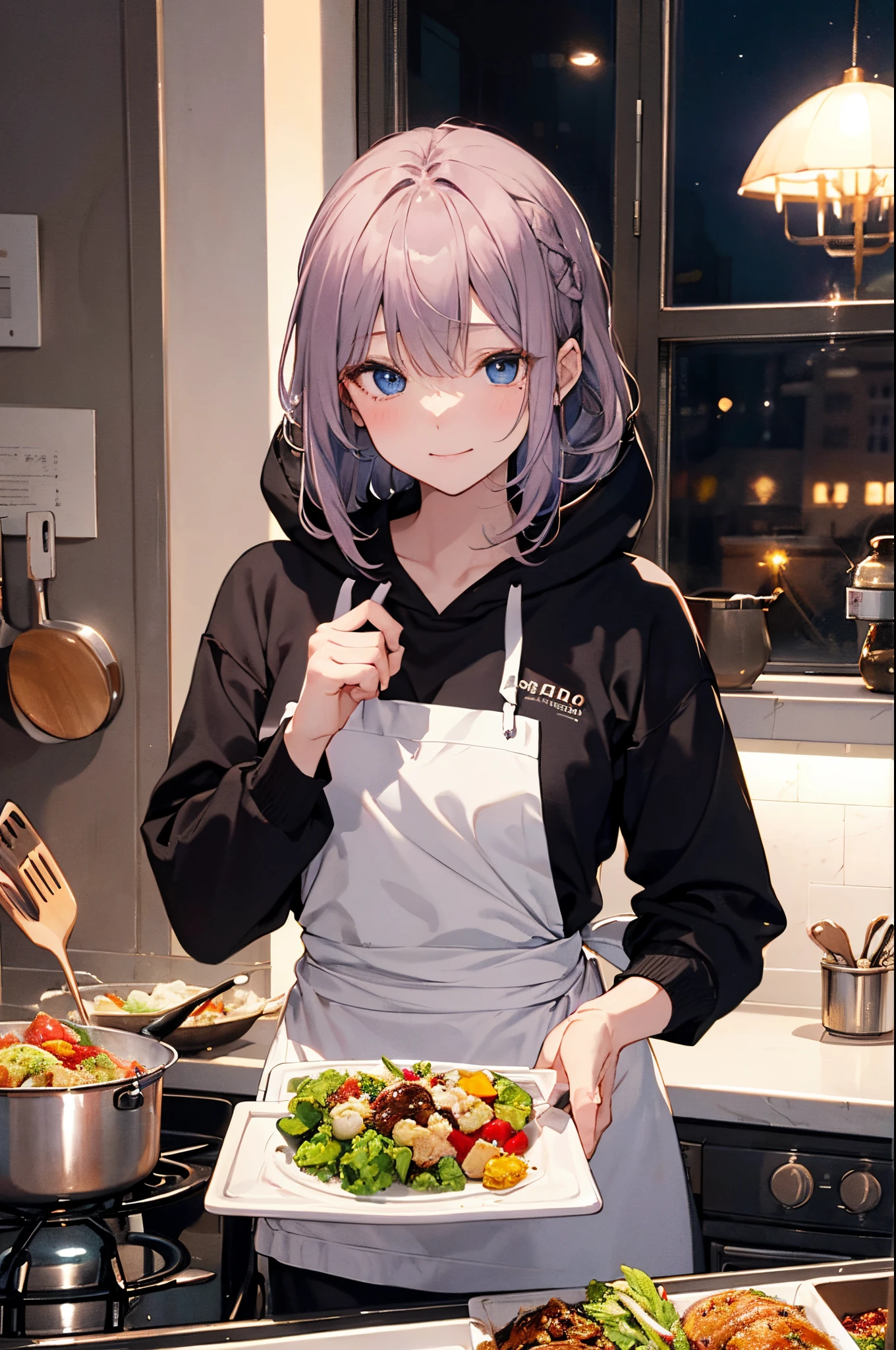 (masterpiece:1.5), illustration, 4k, 8k, (high quality:1.1), highly detailed, detailed face, HDR, vivid colors, natural lighting, \(1girl\), chef. from below, :|, cowboy shot, arms behind back,<lora:theovercomer8sContrastFix_sd15:0.9> <lora:torasuchan:0.6>