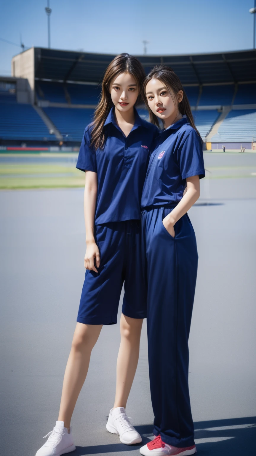 (bestquality,10,10,highres,masterpiece:1.2),ultra-detail,(Realistic,photorealistic portrait,photo-realistic:1.37),1 Cute girl in the football field,oily shiny skin,bara,light smile,BDclothes,((blue shirt:1.3)),short sleeves,shirt, trousers.,(navy_long_Pants Track:1.1), ((Stadium Background:1.3)),dynamic angle,excited,face focus,Dynamic Poses,from behide,Ass Focus,masterpiece, bestquality, ultra realistic, hyper-detail, 8k resolution, RAW photo, crisp focus, ((Navy blue shirt:1.1)), short sleeves, Long Path, Perfect body, 2 mature women, 18yo, cinematic light,Blue sweatpants,Gymware,Correct anatomy,Complete body, Correct body, sharp face, Anatomically correct body, full entire body, Realistic gestures, long-haired, Realistic poses,Wear long shorts...................,Long leg span,Shapely,Sculpting Girl, Slender Figure, mannequin mannequins, Shapely, Beautiful body,Blue sweatpants, Two girls kissing