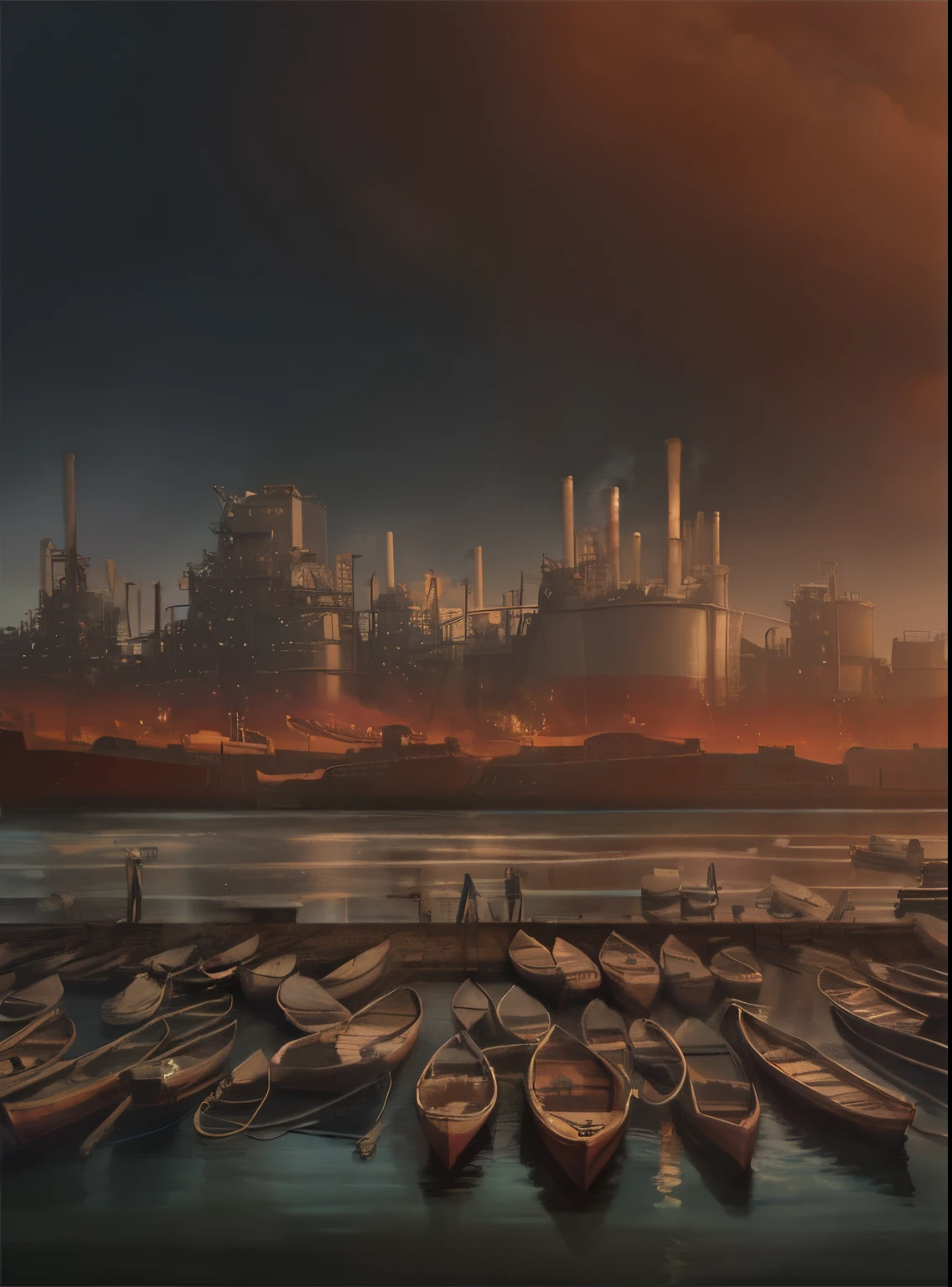 boats are lined up on the beach near a factory, chemical plant, industrial colours, industrial setting, by Ni Yuanlu, in a sci-fi shipping port, industrial background, industrial photography, port scene background, by Yi Jaegwan, by Shitao, by Han Gan, oil digital painting, surreal scene, beautiful oil matte painting, beautiful sky, cinematic lighting, bright sky, morning sky, blue sky, No smoke