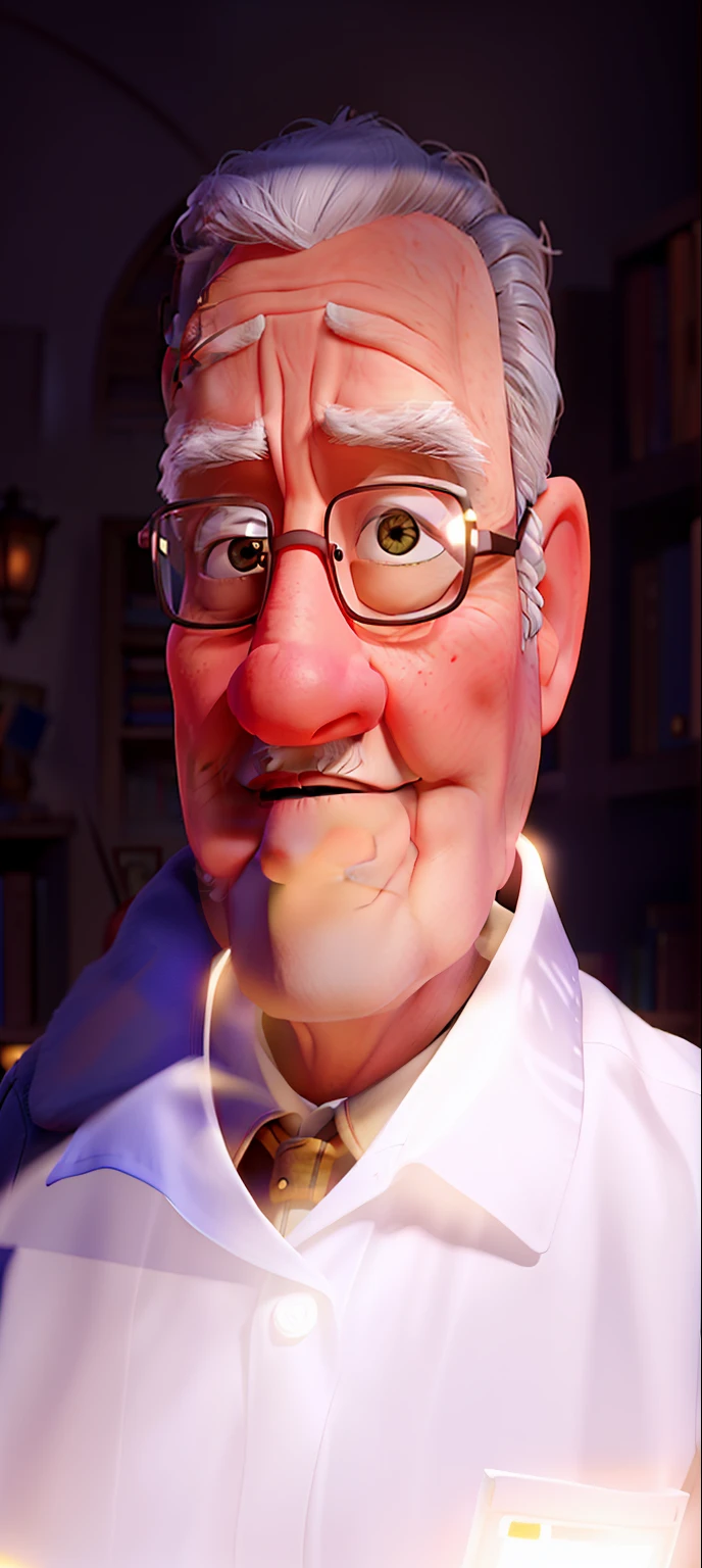 A wise old man standing in front, illuminated by the light of a lamp, against the backdrop of a library