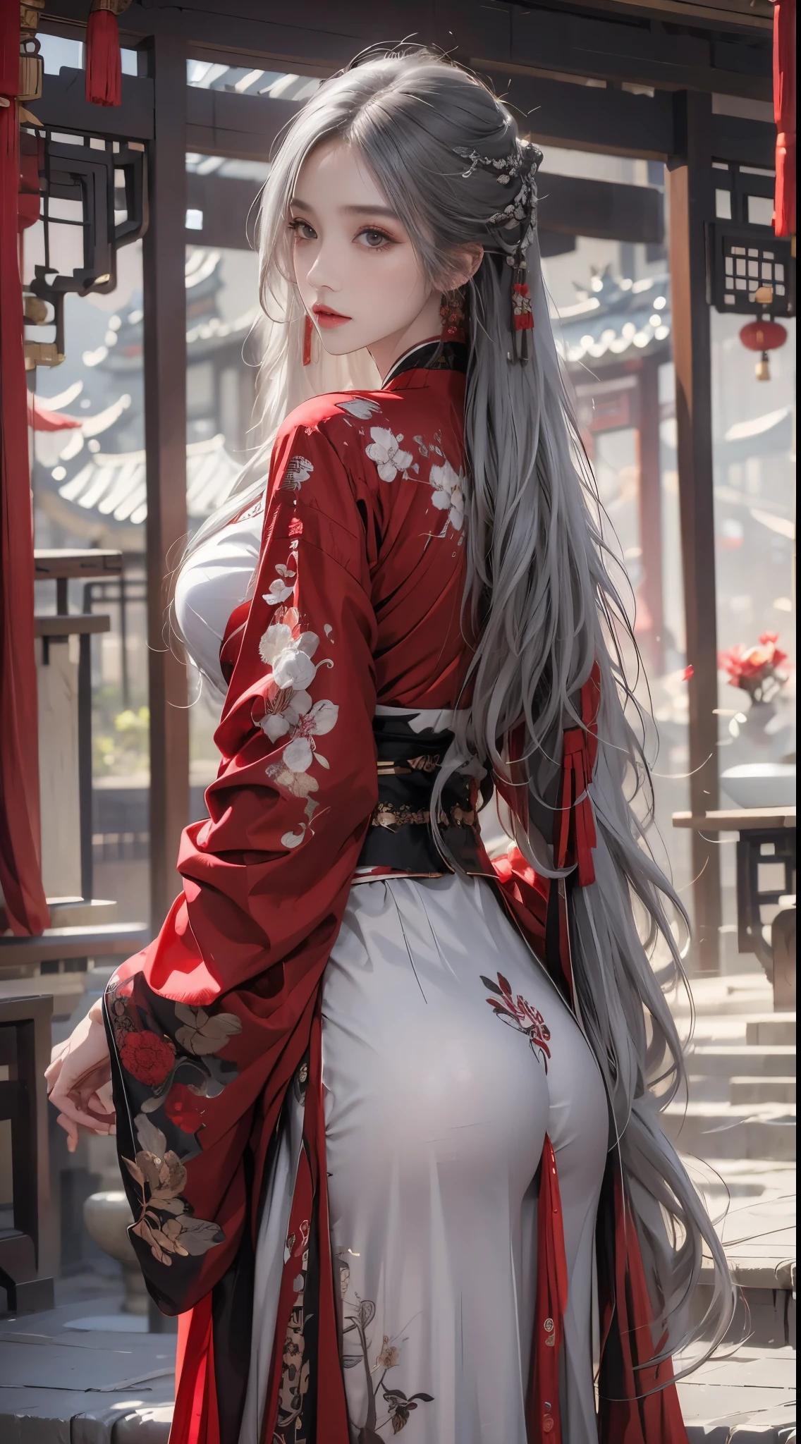 realistically, A high resolution, 1人の女性, butt lift, pretty eyes, Long gray hair, eye socket, jewely, tattoo is, Hanfu, a beautiful woman in china, Red embroidered Hanfu,redcloak,