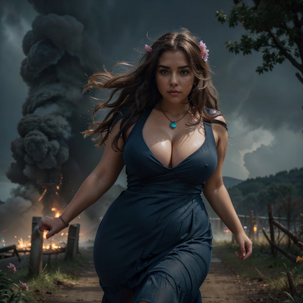 ((curvy woman running)), fleeing, ((big curvy hips)), huge tree on fire in background, lightening, stormy, big tornado, glowing, smoky, blowing long messy hair, bright eyes, (sheer navy dress with flowers), powerful, 24mm, 4k, soft cinematic light, RAW photo, photorealism, photorealistic, intricate, elegant, highly detailed, sharp focus, ((cinematic look)), soothing tones, insane details, intricate details, hyperdetailed, low contrast, soft cinematic light, dim colors, exposure blend, hdr, faded, (epic), sexy, magical, blooming, iridescent, epic, necklace, sweaty