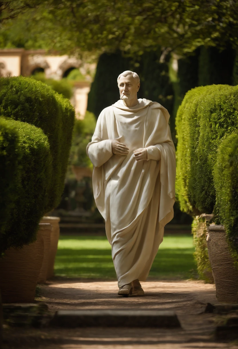 An image of Marcus Tullius Cicero enjoying a leisurely morning walk through the enchanting gardens of Villa Medici, surrounded by the beauty of nature.,original,Marcus Tullius Cicero has a slender and tall build with a prominent forehead and high hairline. He has a long, thin face, a straight nose and a sharp chin. He has expressive and animated facial expressions. Meticulous in his appearance. Often wears a Roman Toga. He pays attention to his hair and beard.