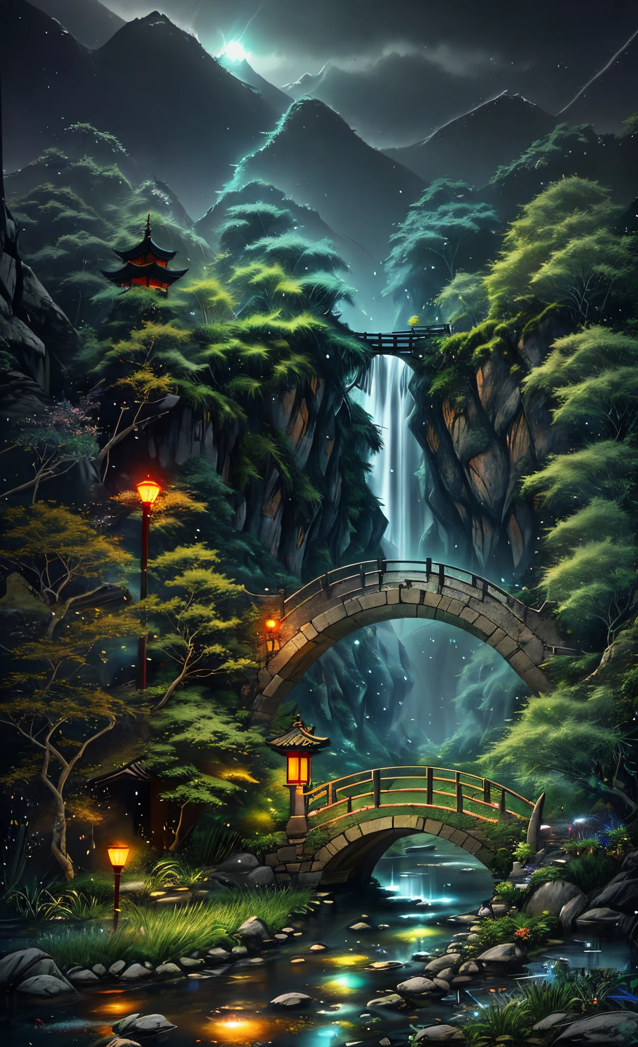 ((diffuse colors)) Ancient Chinese architecture, cool colors, dark night, moon, garden, bamboo, lake, stone bridge, rockery, arch, corner, tree, running water, landscape, outdoor, waterfall, grass, rock, intense rainfall, thunderstorm, vines all around, giant and wet trees, with glowing leaves in the trees, glowing fireflies and glowing particle effects, masterpiece, best quality, high quality, extremely detailed CG unity 8k wallpaper, oil paiting, award winning photography, Bokeh, Depth of Field, HDR, bloom, ,Photorealistic,extremely detailed, trending on artstation, trending on CGsociety, Intricate, High Detail, dramatic, art by midjourney, volumetric lighting