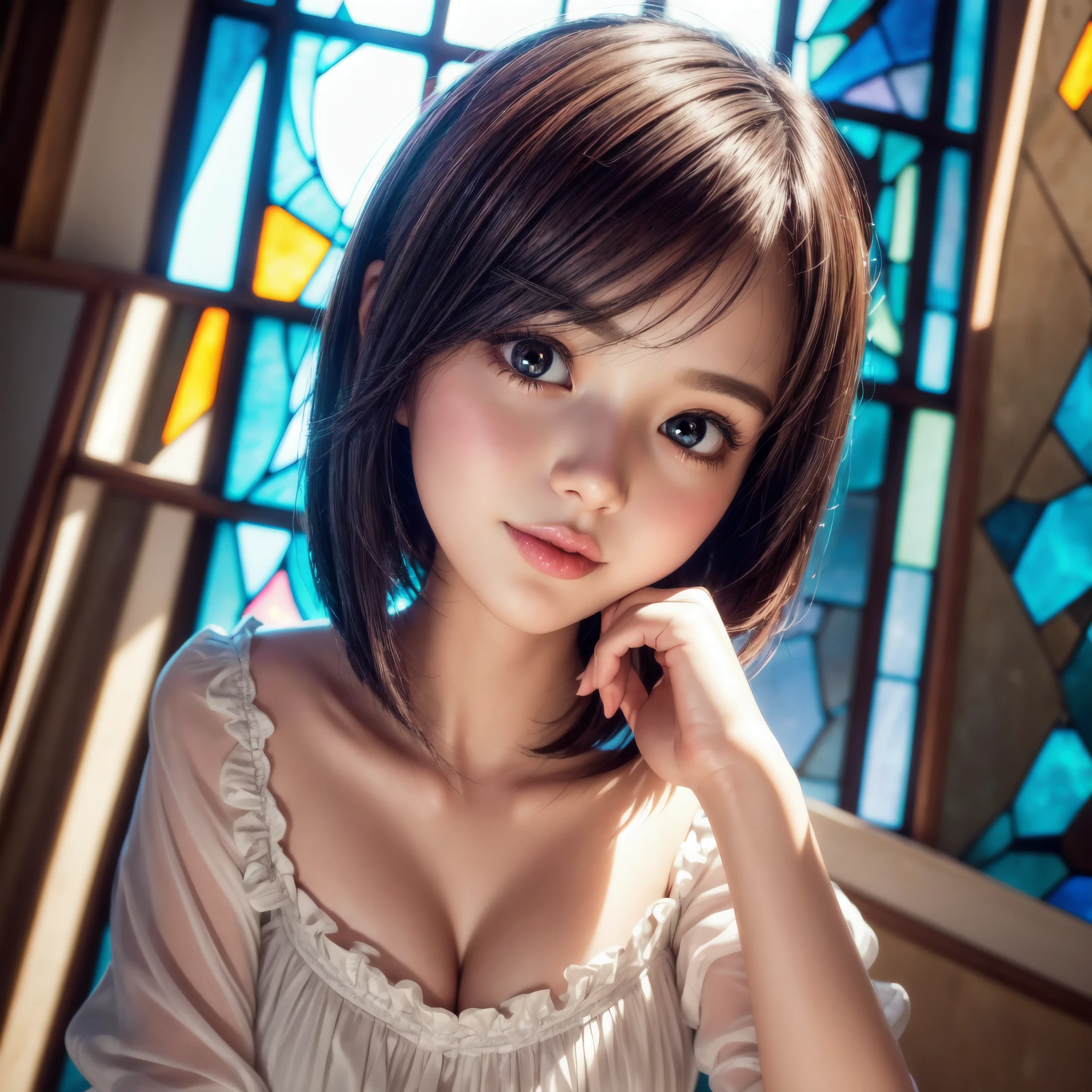 (best quality,ultra-detailed),(sexy junior idol,KAWAII face variations,absolutely beautiful details),concept art,eye-catching,back lighting,photorealistic:1.2,vivid colors,masterpiece:1.2,dynamic composition,high-definition,sharp focus,fine lines,breathtaking aesthetics,mind-blowing creativity,imaginative background,striking poses,expressive eyes,gorgeous lips,fashionable hairstyles,facial expressions,variety of outfits,unique accessories,confident attitude,sultry gazes,playful smiles,stylish makeup,artistic effects,attention to textures,perfect proportions,romantic ambience,soft and warm tones,luminous highlights and shadows, (colorful Light shines through delicate stained glass), short Bob, Gigantic Cleavage