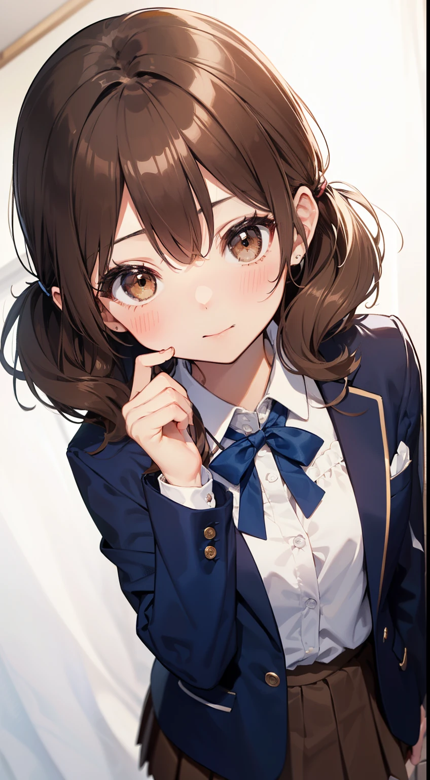 ultra-detailliert、hight resolution、Transcendent beauty　top-quality、​masterpiece、 ,(((front facing)))、((are erect))、Stand up straight、Standing by a white wall、simple white back ground ,(((1girl in))), ,(Highest quality illustrations:1.2), (Kawaii Girl:1.1), (1girl in, 独奏:1.5), (1girl in、14years、childish、One pose、cute little、ultradetailed eyes:1.2)、(small tits、tiny chest)、((Brown-eyed、Brown hair:1.5))、(shorth hair)、hair wavy、curlyhair、bangss、low twintails、short twintails、),perfect glossy skin, flawless skin, fair white skin, tiny chest,, narrow waists, frontage, 独奏, looking at the viewers,smil,Perfect body, ((Portrait, POV)),, chubby under the clothes、((School_uniform)、(Dark blue blazer)、(white  shirt、Blue Ribbon)、(White pleats_Skirt)、cowboy  shot