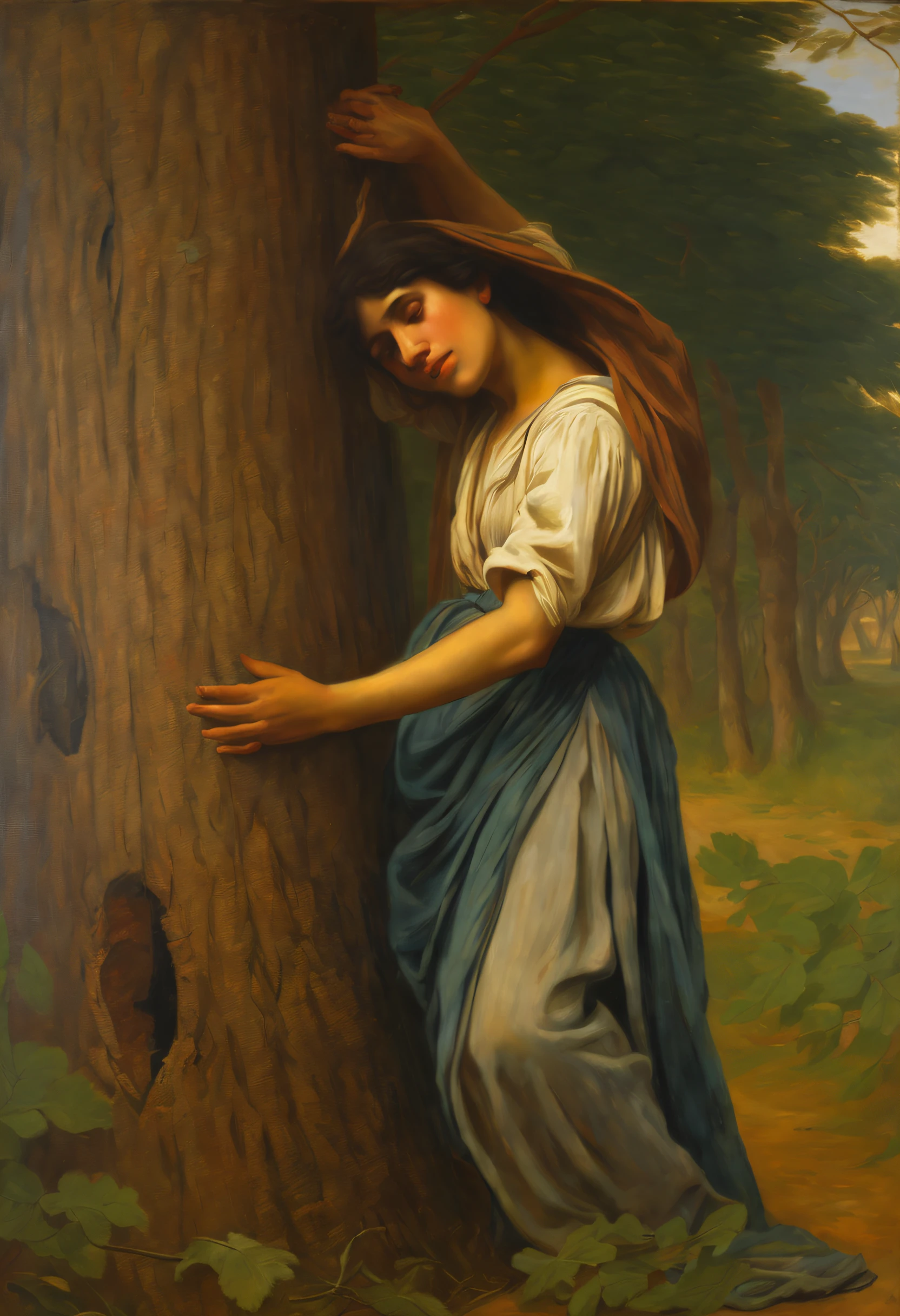 "A young pretty beggar woman in torn clothes clings to a tree trunk from fatigue." (Style of Jules Joseph Lefebvre ), ((oil painting palette)), ((Masterpiece)), Extreme detailing, perspective, 8K,