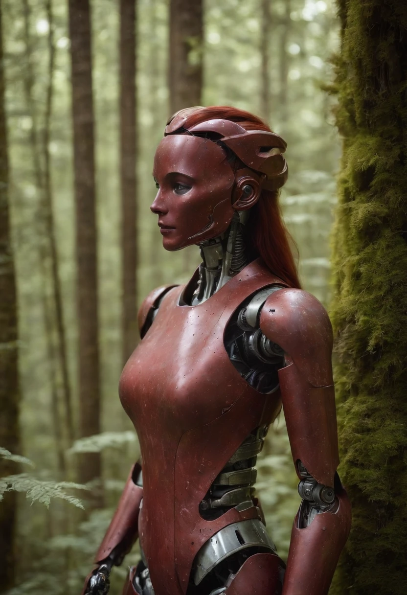 a broken feminine humanoid robot,At night, a light shone on her, dented, scratched, flaking peeling paint, in a abandoned interior room, mossy and fungus, once pretty,An artistic photograph,full body,(Remote shooting:1.4),closeup 50mm f/1.3,bailong plant girl, girl made of dead plants,a girl made of red plants,forest,plant,antlers