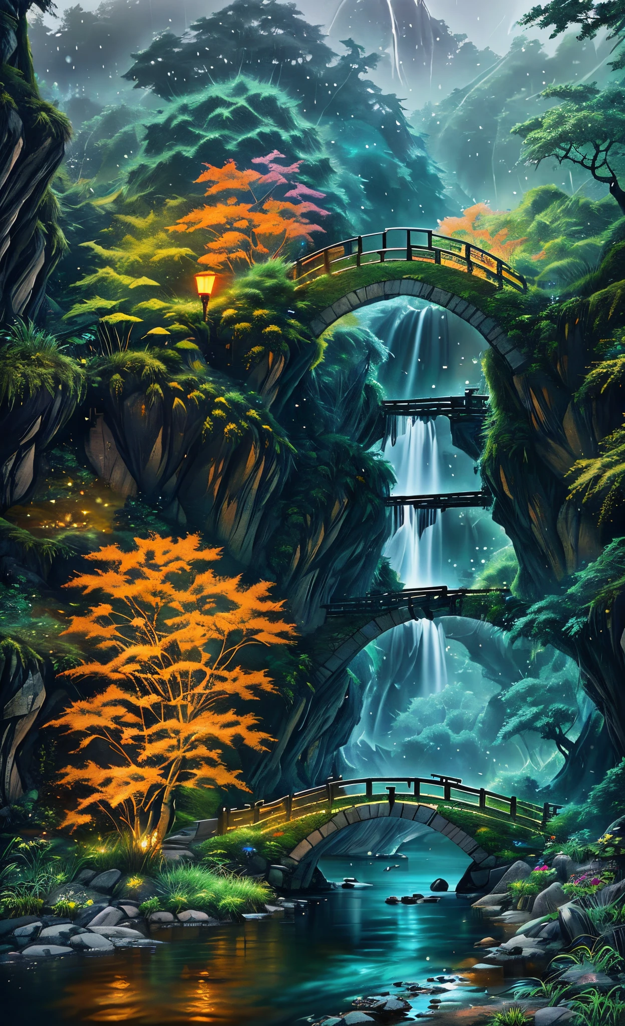 ((diffuse colors)) Ancient Chinese architecture, cool colors, dark night, moon, garden, bamboo, lake, stone bridge, rockery, arch, corner, tree, running water, landscape, outdoor, waterfall, grass, rock, intense rainfall, thunderstorm, vines all around, giant and wet trees, with glowing leaves in the trees, glowing fireflies and glowing particle effects, masterpiece, best quality, high quality, extremely detailed CG unity 8k wallpaper, oil paiting, award winning photography, Bokeh, Depth of Field, HDR, bloom, ,Photorealistic,extremely detailed, trending on artstation, trending on CGsociety, Intricate, High Detail, dramatic, art by midjourney, volumetric lighting