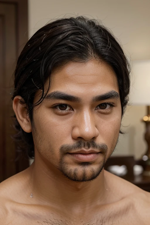 medium height man with a goatee and a short mustache tanned muscular
