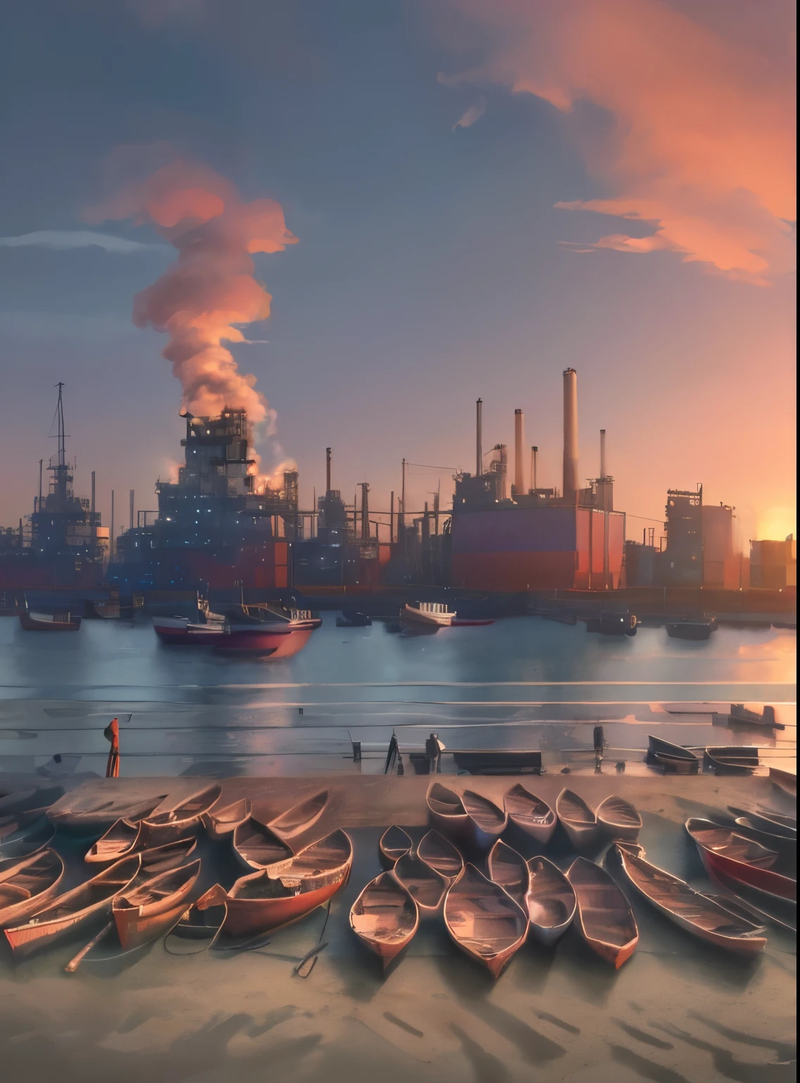 boats are lined up on the beach near a factory, chemical plant, industrial colours, industrial setting, by Ni Yuanlu, in a sci-fi shipping port, industrial background, industrial photography, port scene background, by Yi Jaegwan, by Shitao, by Han Gan, oil digital painting, surreal scene, beautiful oil matte painting, When in the morning, so cheerful, beautiful sky, cinematic lighting, bright sky, morning sky, blue sky, No smoke