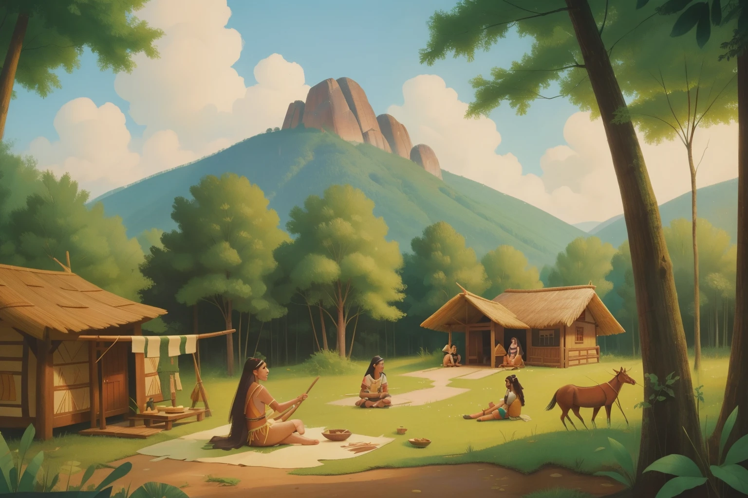 Powhatan Village, 1610: Amidst the lush forests of Tsenacomoco, Pocahontas, a woman in her early 20s, engages in daily life. The photogram showcases traditional Powhatan activities—crafting, storytelling, and communal gatherings. The backdrop of verdant woods and traditional Powhatan dwellings reflects Pocahontas' connection to nature and her people.