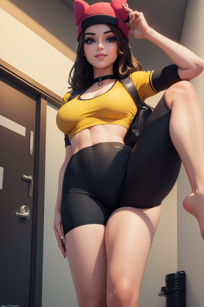 (8k, best quality, masterpiece:1.2), (realistic, photo-realistic:1.37), ultra-detailed, 1 girl,cute, solo, ,beautiful detailed blue eyes, medium wavy hair, standing on a locker room, , smiling, looking at viewer, ,light brown hair, black lips, black lipstick, full body view, , whole body shot, red hat, , , nsfw, choker, yellow shirt, dark long yoga pants , busty