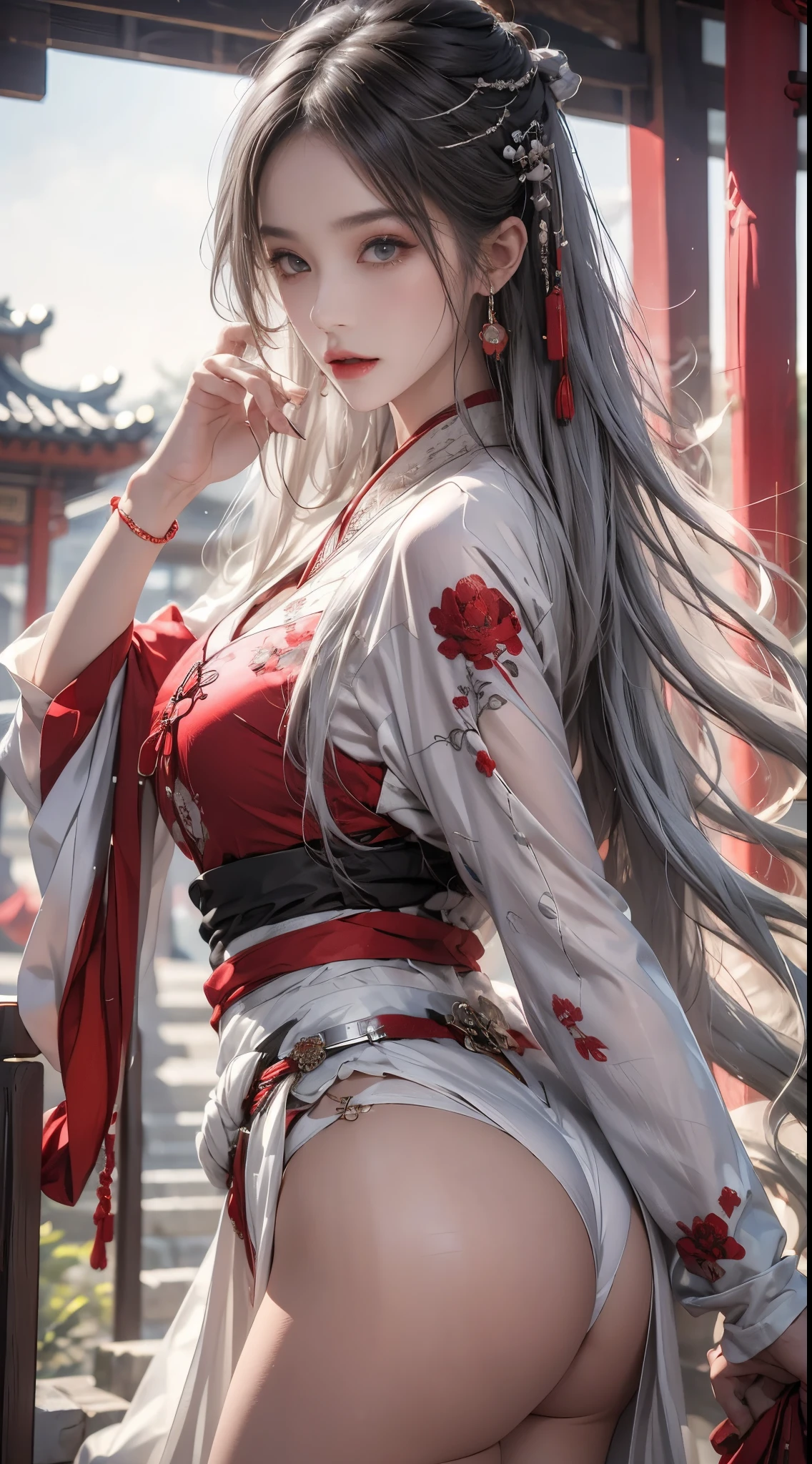 realistically, A high resolution, 1人の女性, butt lift, pretty eyes, Long gray hair, eye socket, jewely, tattoo is, Hanfu, a beautiful woman in china, Red embroidered Hanfu,redcloak,