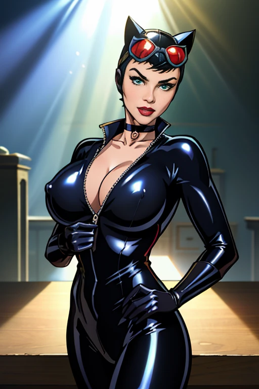 masterpiece, best quality, 
DC_catwoman_comic_cleavage, www.ownwaifu.com, 
huge breasts, large breasts,lips,  makeup, black hair,short hair, lipstick, green eyes,collarbone, 
bodysuit, cleavage,  goggles, goggles on head, cat ears, animal ears, eyewear on head,  black bodysuit,unzipped, gloves,choker,  latex, zipper, catsuit, center opening, full-length zipper, shiny clothes, shiny, belt, skin tight, fake animal ears, open clothes, 
(extremely detailed fine touch:1.2), (natural light, sun light, light rays, dappled light, ray tracing:1.2), masterpiece, best quality, highly quality ,official art, 8K, highres, (absurdres:1.2), (bokeh:1.2), nipples