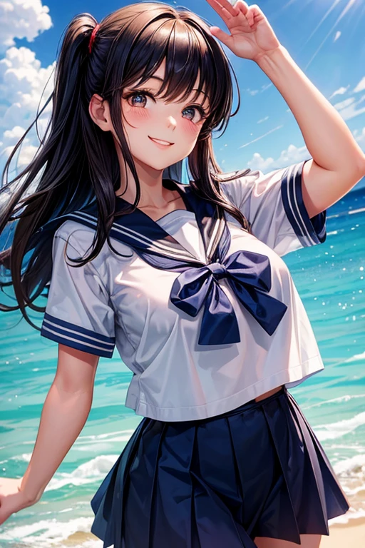 Anime girl in white shirt and brown panties holding surfboard, Ecchi anime style, Kantai Collection Style, biomechanical oppai, Ecchi style, kantai collection arcade, anime moe art style, oppai, (SFW) safe for work, two beautiful anime girls, Ecchi, an oppai cyberpunk, anime maids riding early tanks, Twin-tailed, 1girl in、A smile、The shirt、skirt by the、（small tits）Chilarism、Japan High School Student Uniform、serafuku、summer clothing、（Sheer Bra）、Upper body portrait、Squatting panchira、