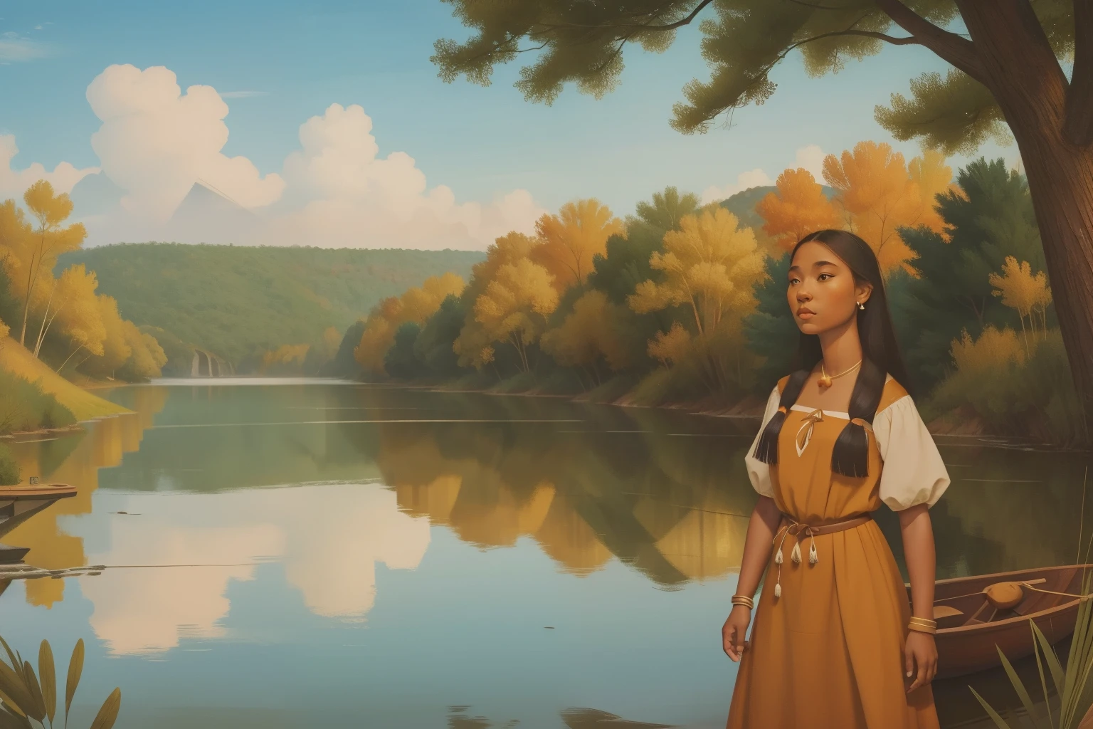 Jamestown, 1607: A riverside scene captures the spirit of Pocahontas' life. The James River flows peacefully in the background. Pocahontas, a young woman in her late teens with long, flowing hair, stands at the water's edge. Traditional Powhatan symbols and artifacts surround her, blending the natural beauty of Virginia with the cultural richness of the Powhatan people.
