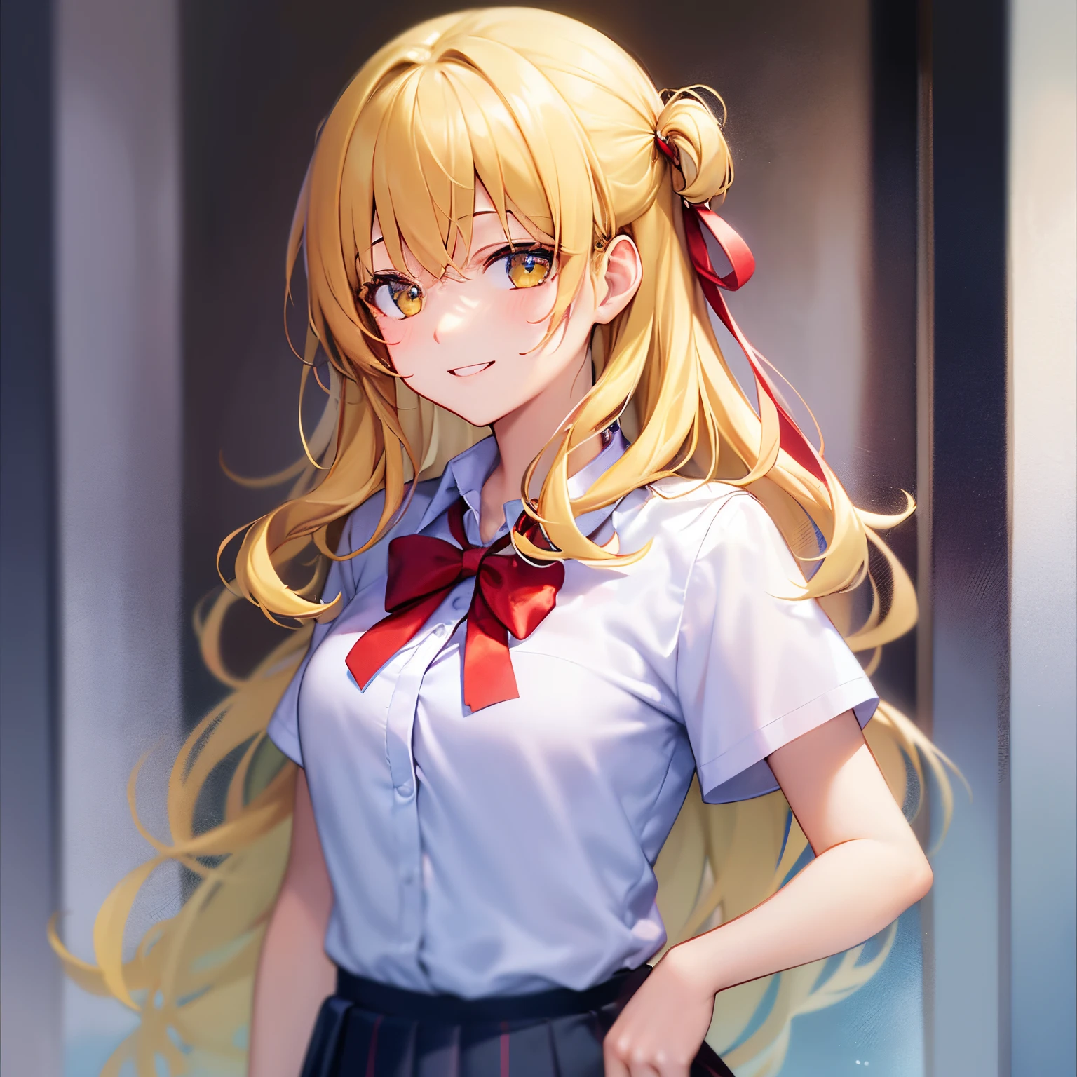 dutch angle, ​masterpiece、hightquality、Background is a school hallway、(Blonde medium hair, yellow  eyes)、the hair flutters with the wind、An 18-year-old woman、Wearing a high school uniform、Red ribbons、white  shirt、Blue pleated skirt、Close-up of the subject's face、(Alone:1.5)、(Smiling expression:1.1)、(Only the upper body is shown.:1.3)、Bold composition、