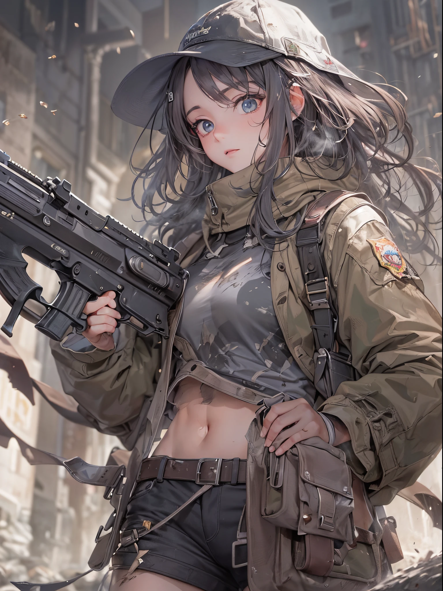 ((Finest quality)),(超A high resolution),(ultra-detailliert),(Meticulous portrayal),((Best Anime)),(Finest works of art),Ultra-Precision Art,The art of astounding depiction,Overwhelming depiction:1.5, top quality action movies:1.5, Gun Action:1.5, (1 adult female:1.5),body covered in mud and dust:1.6,income, Smoke