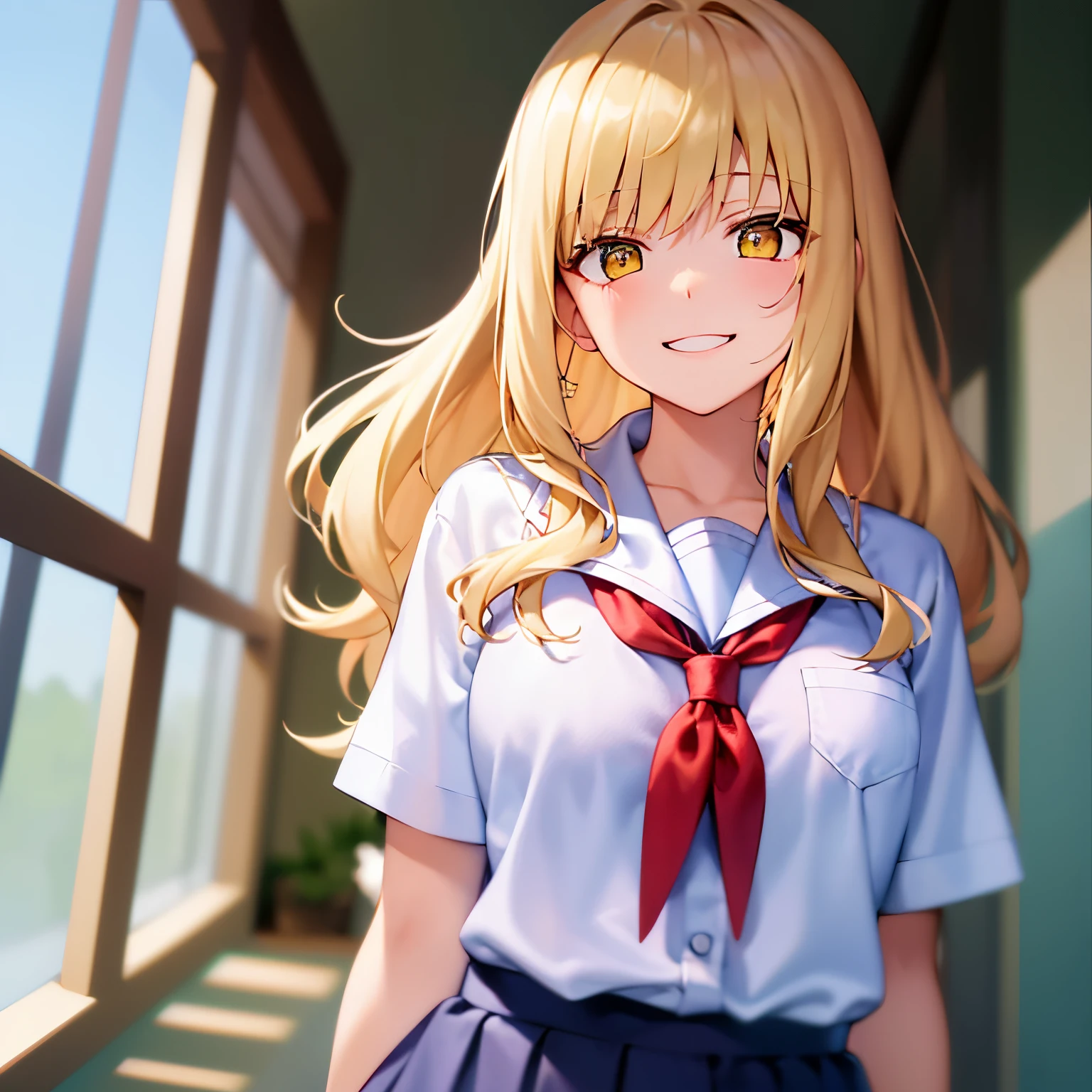 dutch angle, ​masterpiece、hightquality、Background is a school hallway、(Blonde medium hair, yellow  eyes)、the hair flutters with the wind、An 18-year-old woman、Wearing a high school uniform、Red ribbons、white  shirt、Blue pleated skirt、Close-up of the subject's face、(Alone:1.5)、(Smiling expression:1.1)、(Only the upper body is shown.:1.3)、Bold composition、