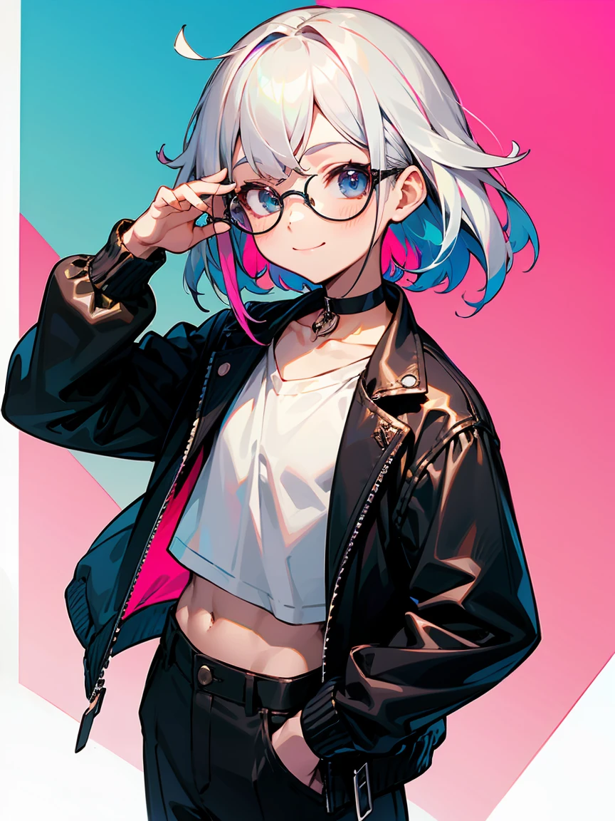 (Male child, eye glasses,A smile, silber hair)、独奏、jaket、Black jacket、Iridescent background、a choker、razor、Leather jacket、O cabelo multicolorido、cowboy  shot、Color Inner Hair、bangss、White shirt、Fluffy clothes、Two-tone、Viewer's Perspective、is standing、a closed mouth、A pink-haired、Hand up、croptop、sideways Facing