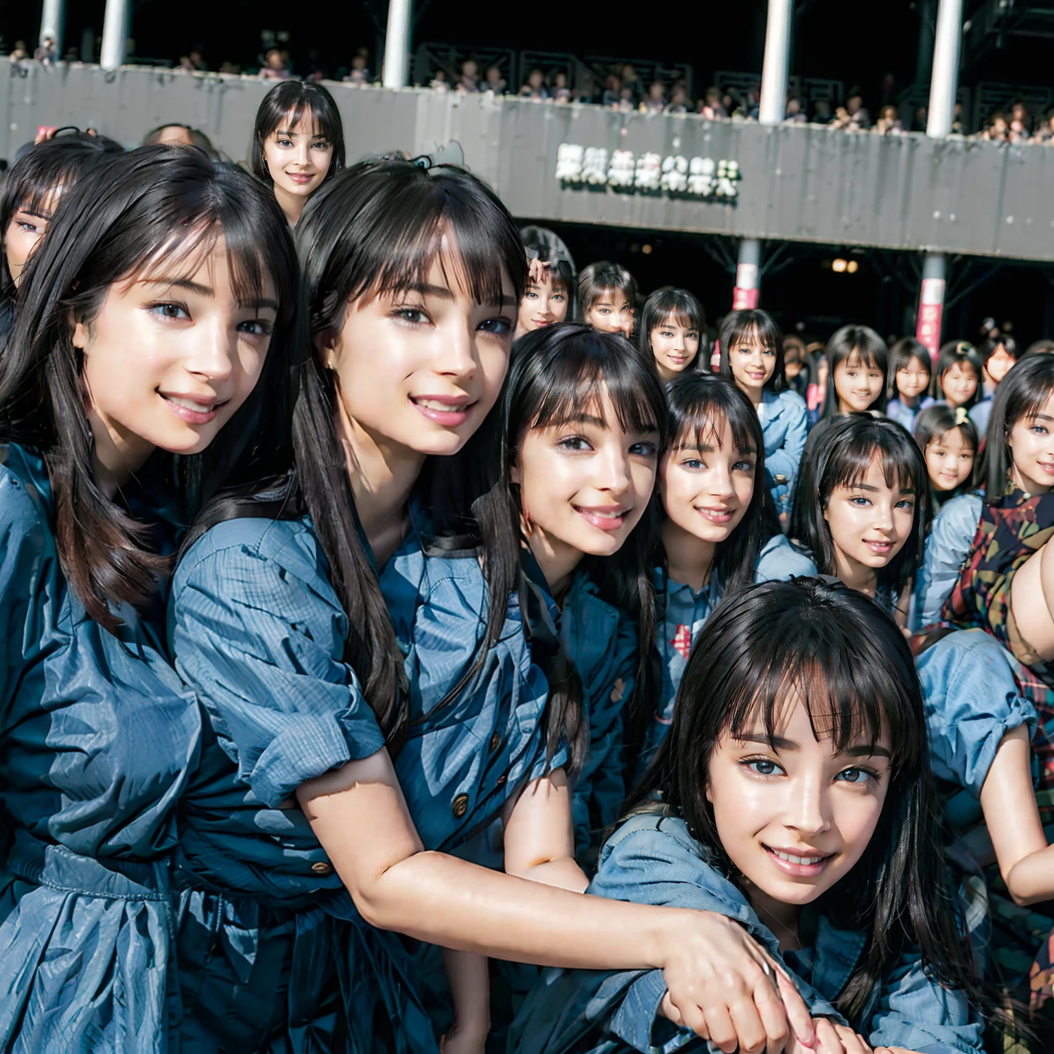 Raw photo、(((multiple girls))),((((6+girls)))),((((100girls)))),(((1000girls)))、((((100 Girls))))、(((crowd shot))),((((Gigantic Breasts))))、Women only、The same face、School Uniform、((7 ))、Long black hair、(100 little gi smile、Selfie stick、schools、(((group photo)))、((elementary stud